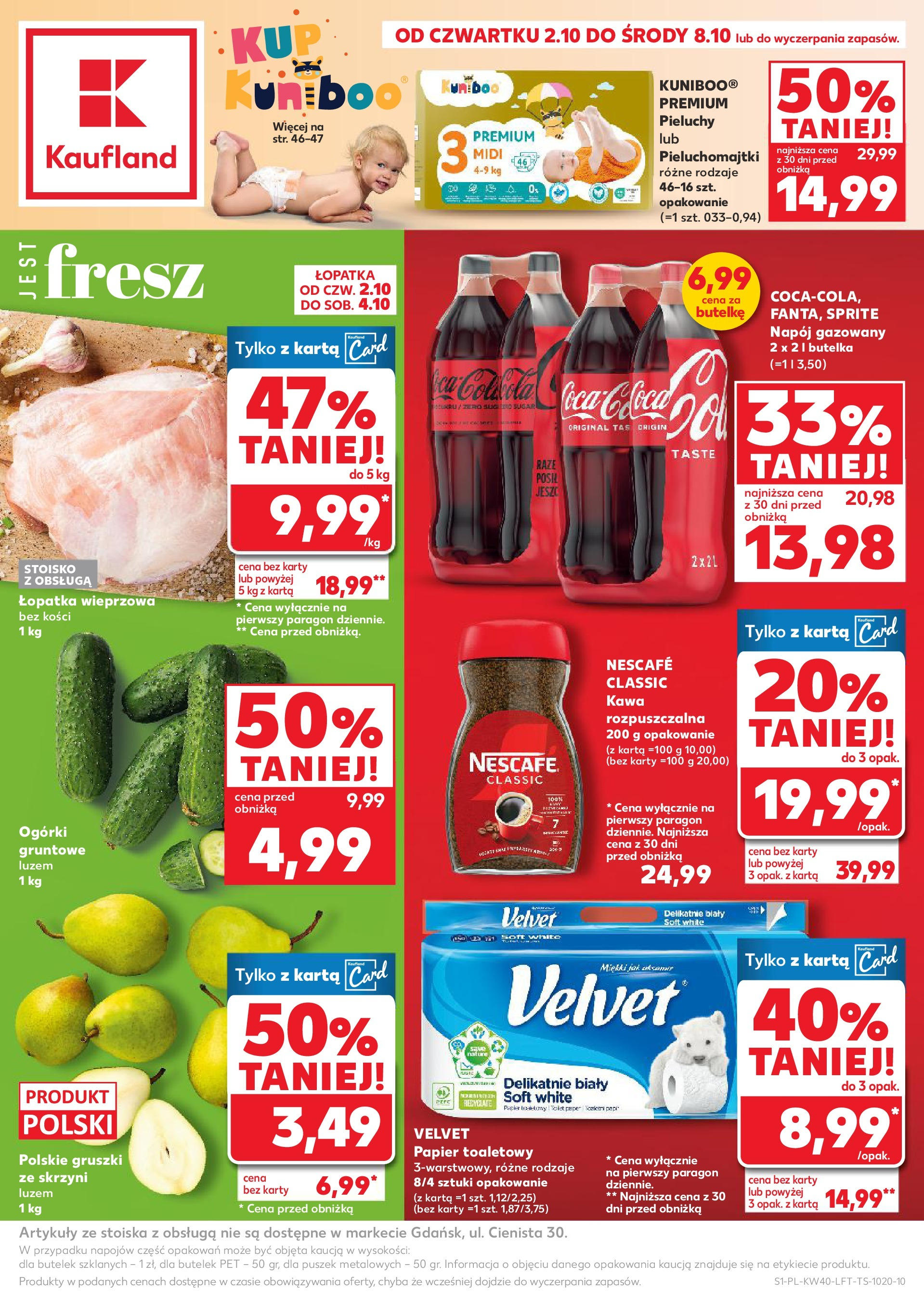 Kaufland gazetka od 02.10.2025 - od jutra PDF | Strona: 1 | Produkty: Nescafe, Pieluchomajtki, Łopatka wieprzowa, Ogórki