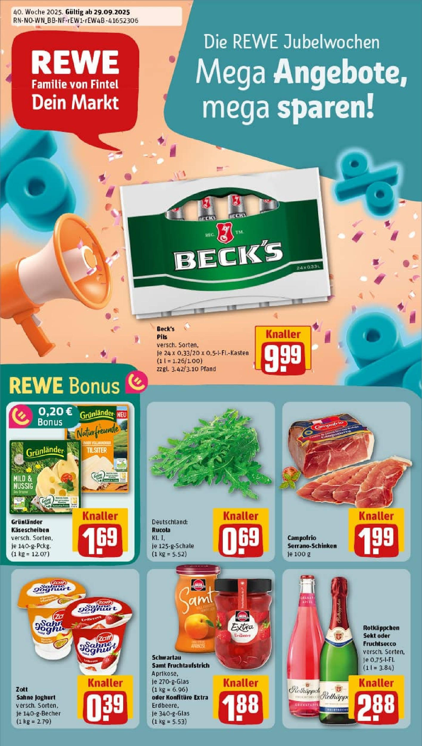 REWE Prospekt ab 29.09.2025 zum Blättern » Angebote | Seite: 1 | Produkte: Joghurt, Rucola, Fruchtsecco, Grunlander