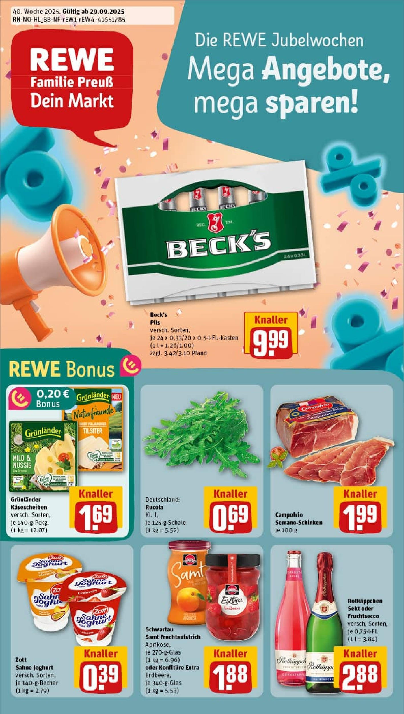 REWE Prospekt ab 29.09.2025 zum Blättern » Angebote | Seite: 1 | Produkte: Schwartau samt, Rucola, Fruchtsecco, Sahne