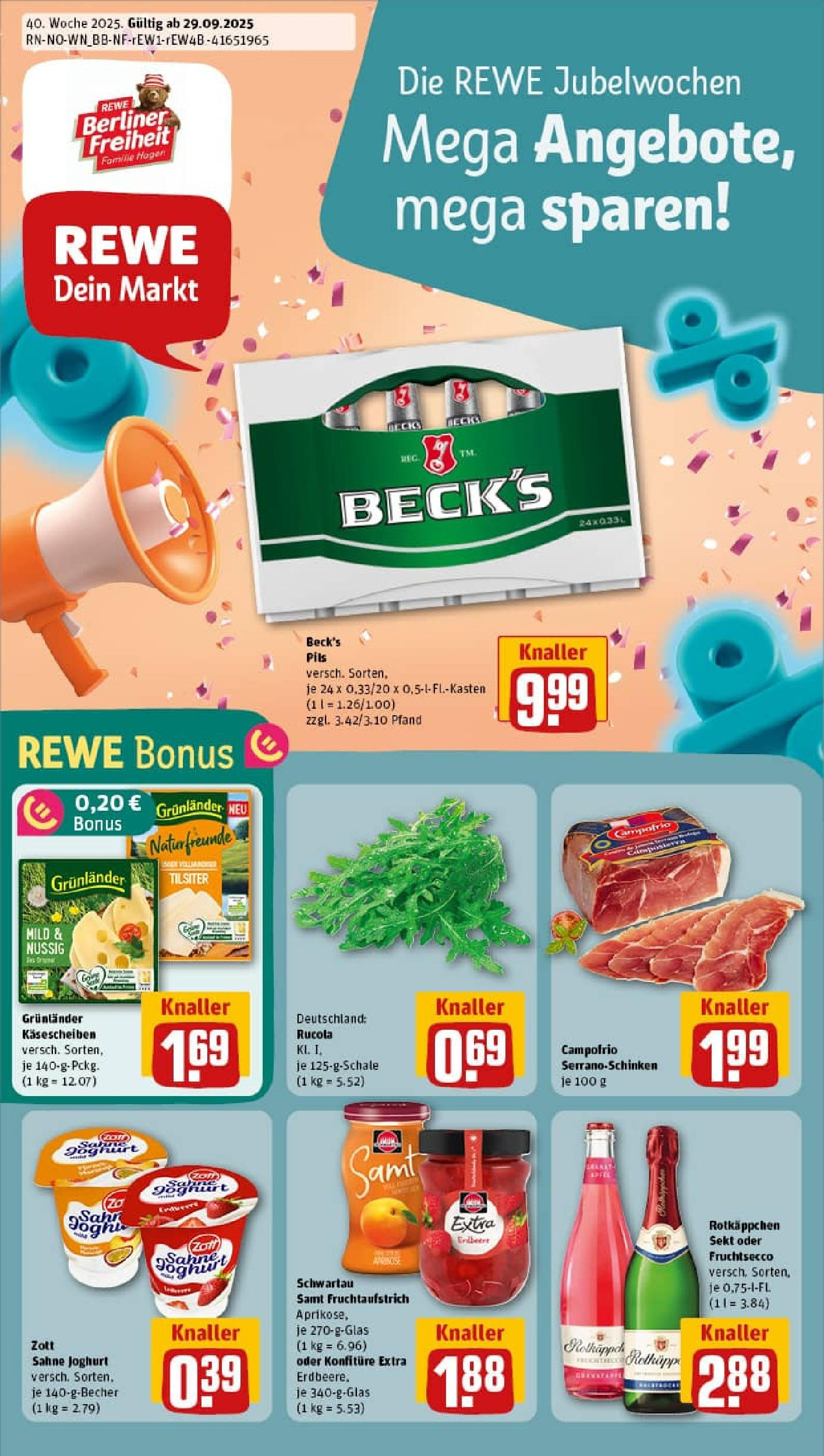 REWE Prospekt ab 29.09.2025 zum Blättern » Angebote | Seite: 1 | Produkte: Rotkappchen sekt, Joghurt, Sekt, Grunlander