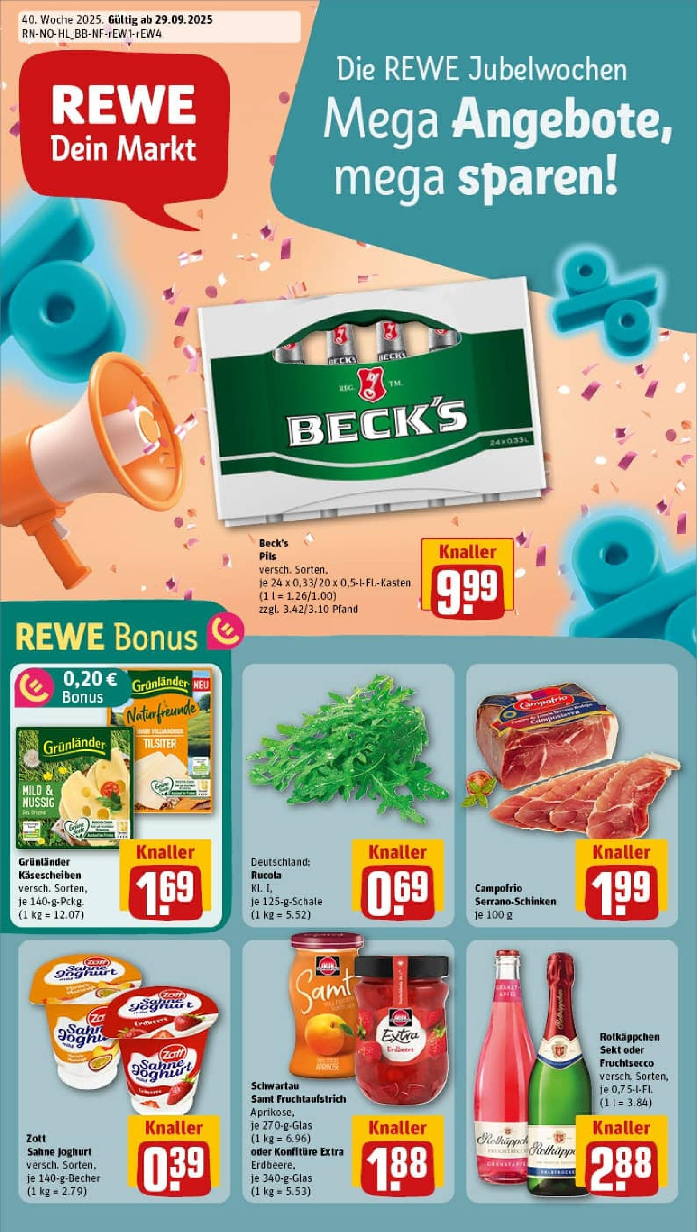 REWE Prospekt ab 28.09.2025 zum Blättern » Angebote | Seite: 1 | Produkte: Schwartau samt, Rucola, Fruchtsecco, Rotkäppchen