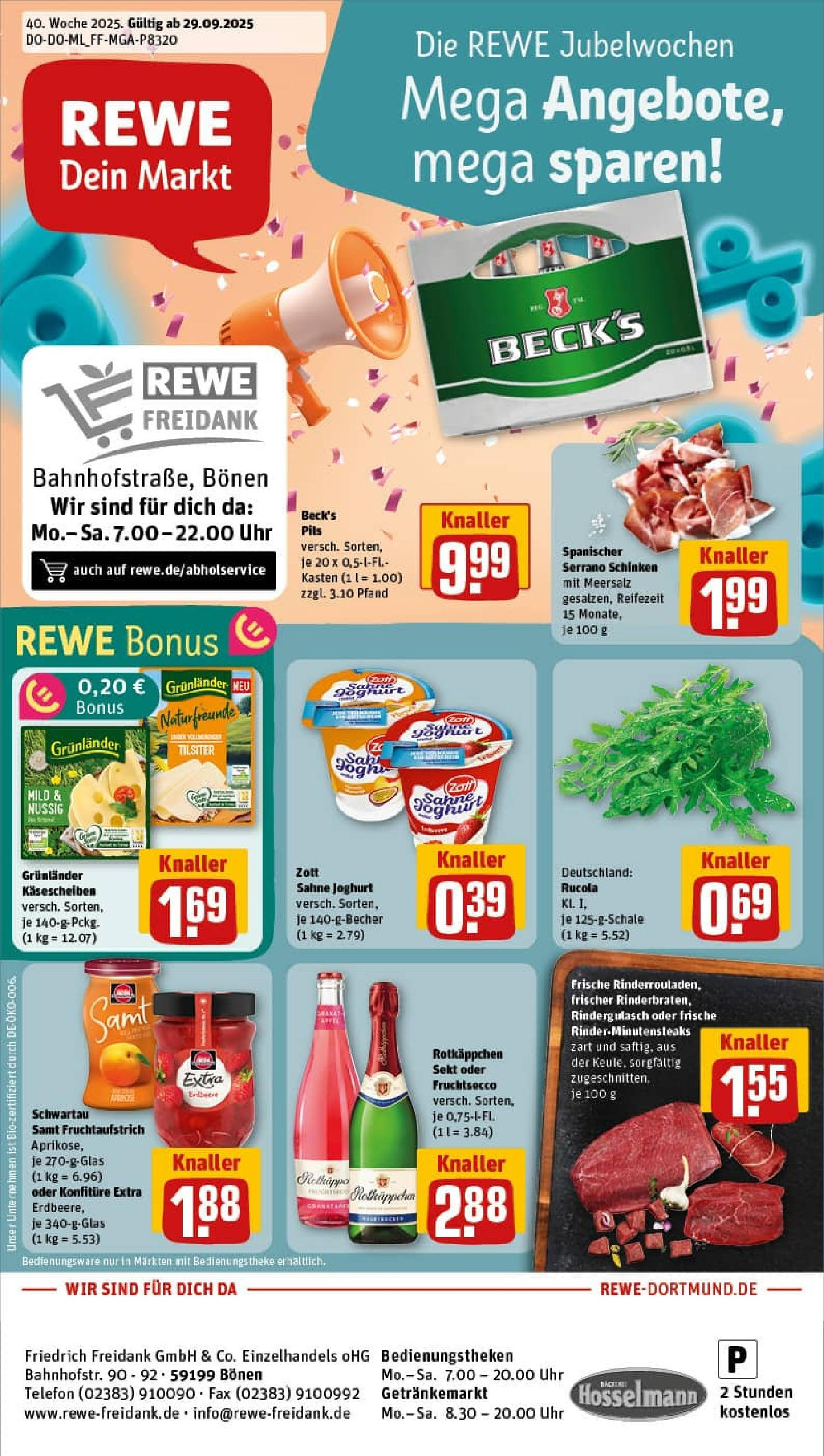 REWE Prospekt ab 28.09.2025 zum Blättern » Angebote | Seite: 1 | Produkte: Schwartau samt, Sekt, Rucola, Fruchtsecco