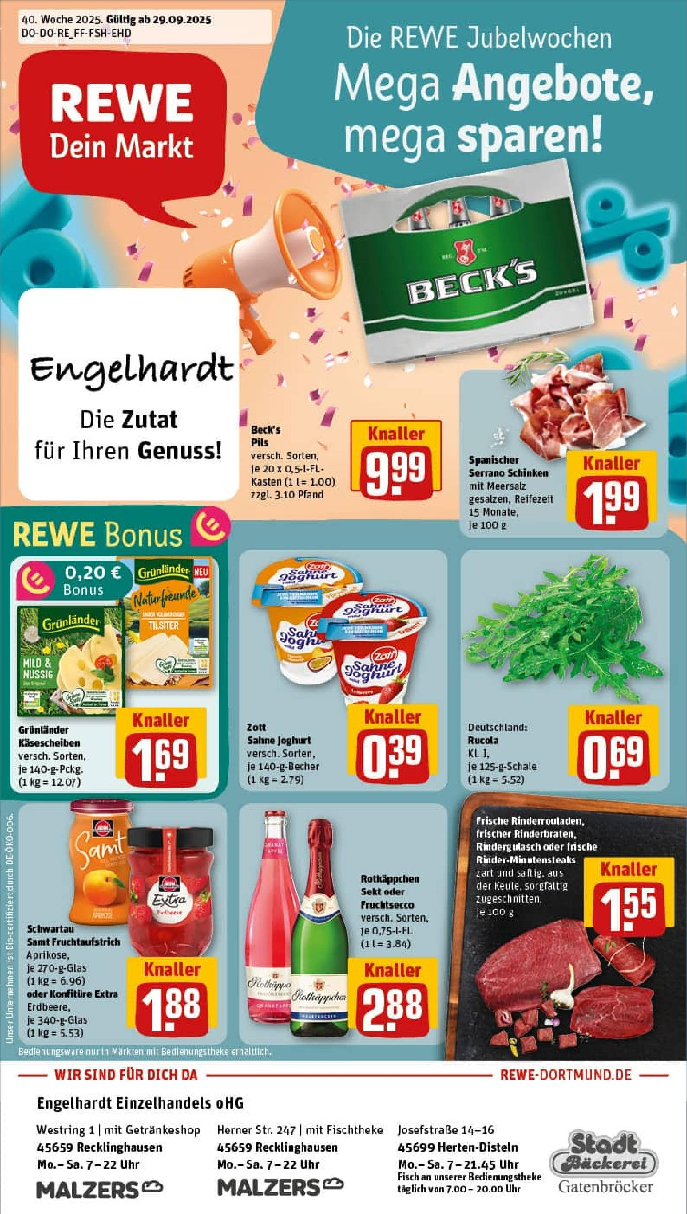 REWE Prospekt ab 28.09.2025 zum Blättern » Angebote | Seite: 1 | Produkte: Joghurt, Theke, Fruchtsecco, Uhr