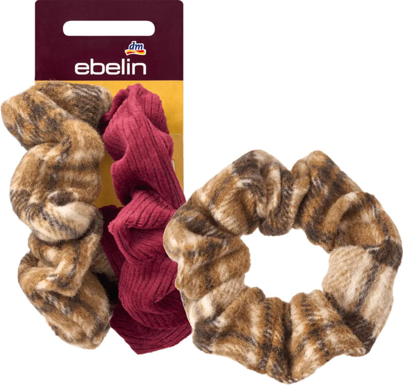 ebelin Scrunchies, Braun-kariert, Kirschrot