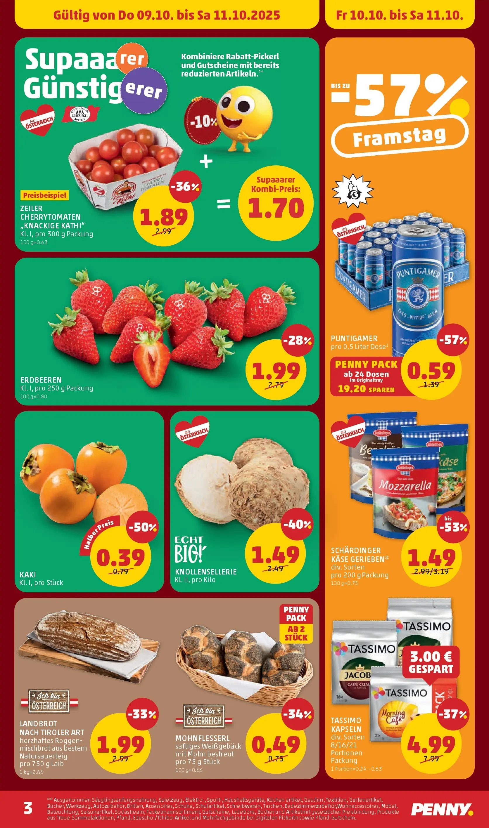 Penny Markt Flugblatt ab (09.10.2025) - Angebote, Prospekt | Seite: 3 | Produkte: Erdbeeren, Kaki, Käse, Bier