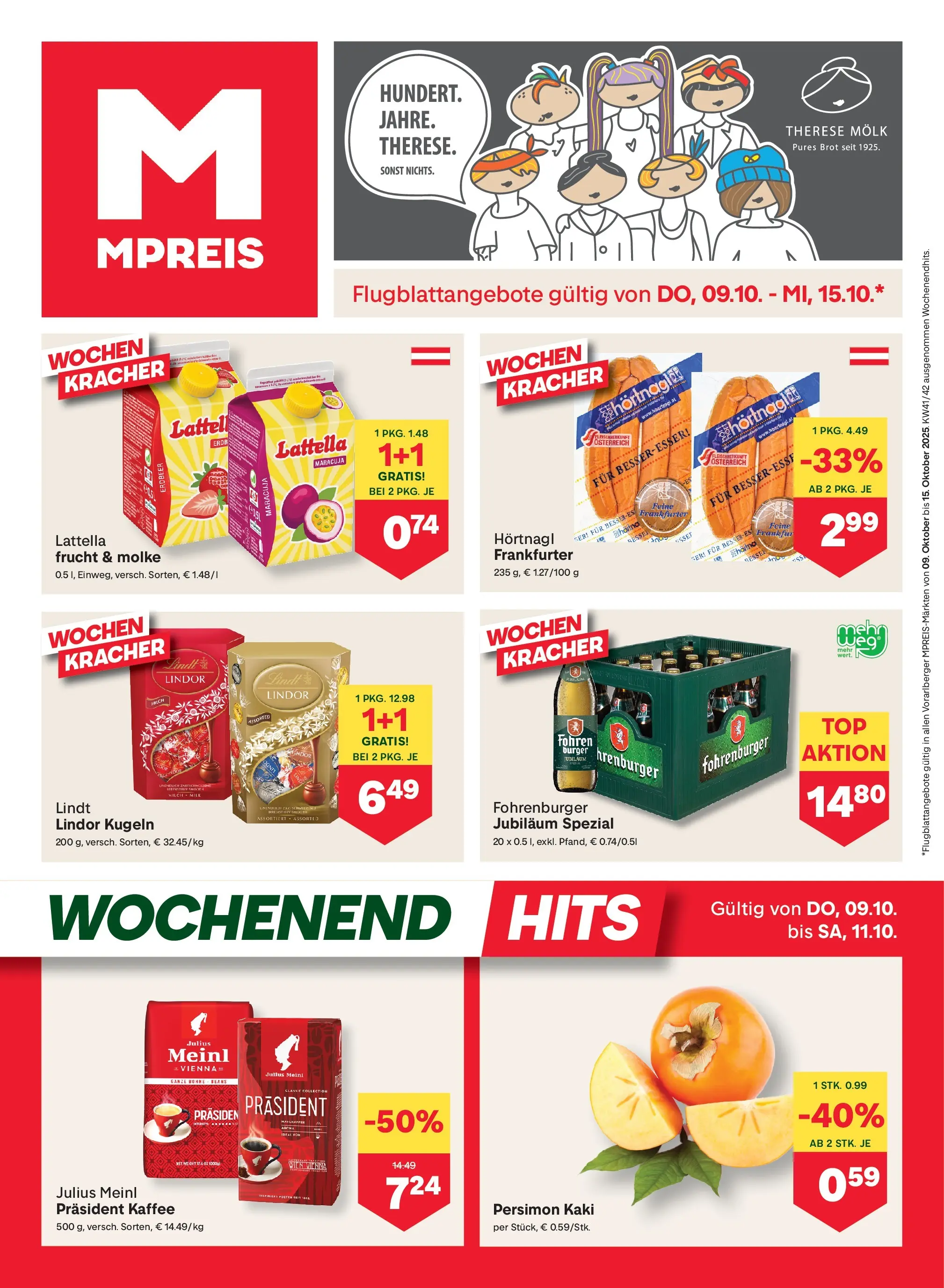 MPREIS St.Gallenkirch von 09.10.2025 - Aktuelle Angebote | Seite: 1 | Produkte: Kaki, Milch, Brot, Kaffee