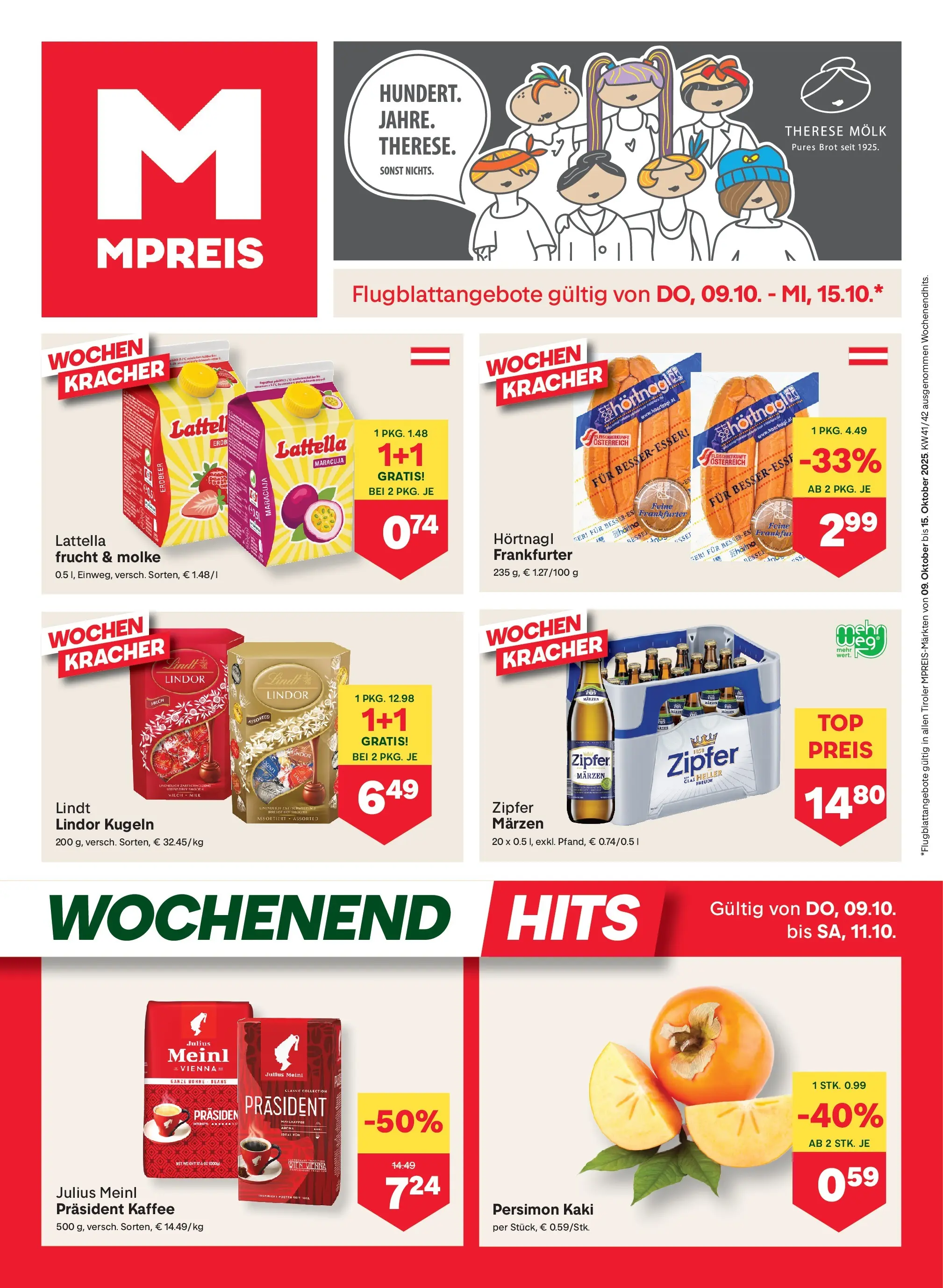 MPREIS Pfunds von 09.10.2025 - Aktuelle Angebote | Seite: 1 | Produkte: Kaki, Milch, Brot, Kaffee