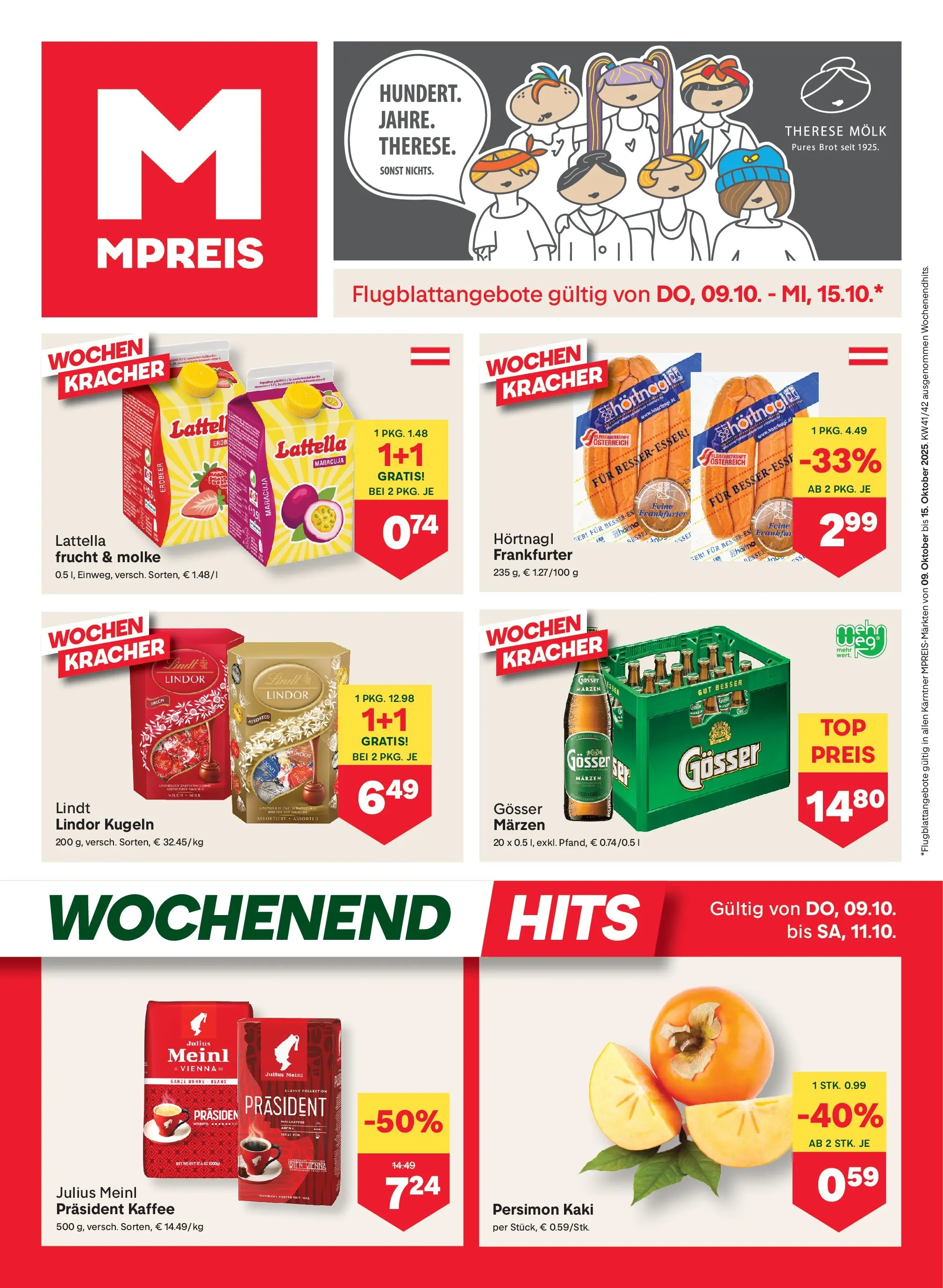 MPREIS Velden von 09.10.2025 - Aktuelle Angebote | Seite: 1 | Produkte: Kaki, Brot, Kaffee