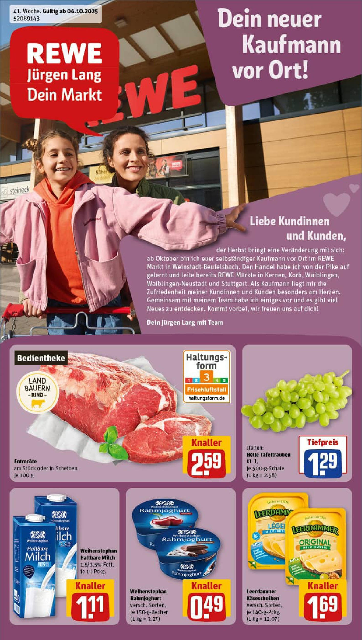 REWE Prospekt ab 06.10.2025 zum Blättern » Angebote | Seite: 1 | Produkte: Milch, Haltbare milch, Entrecote, Leerdammer