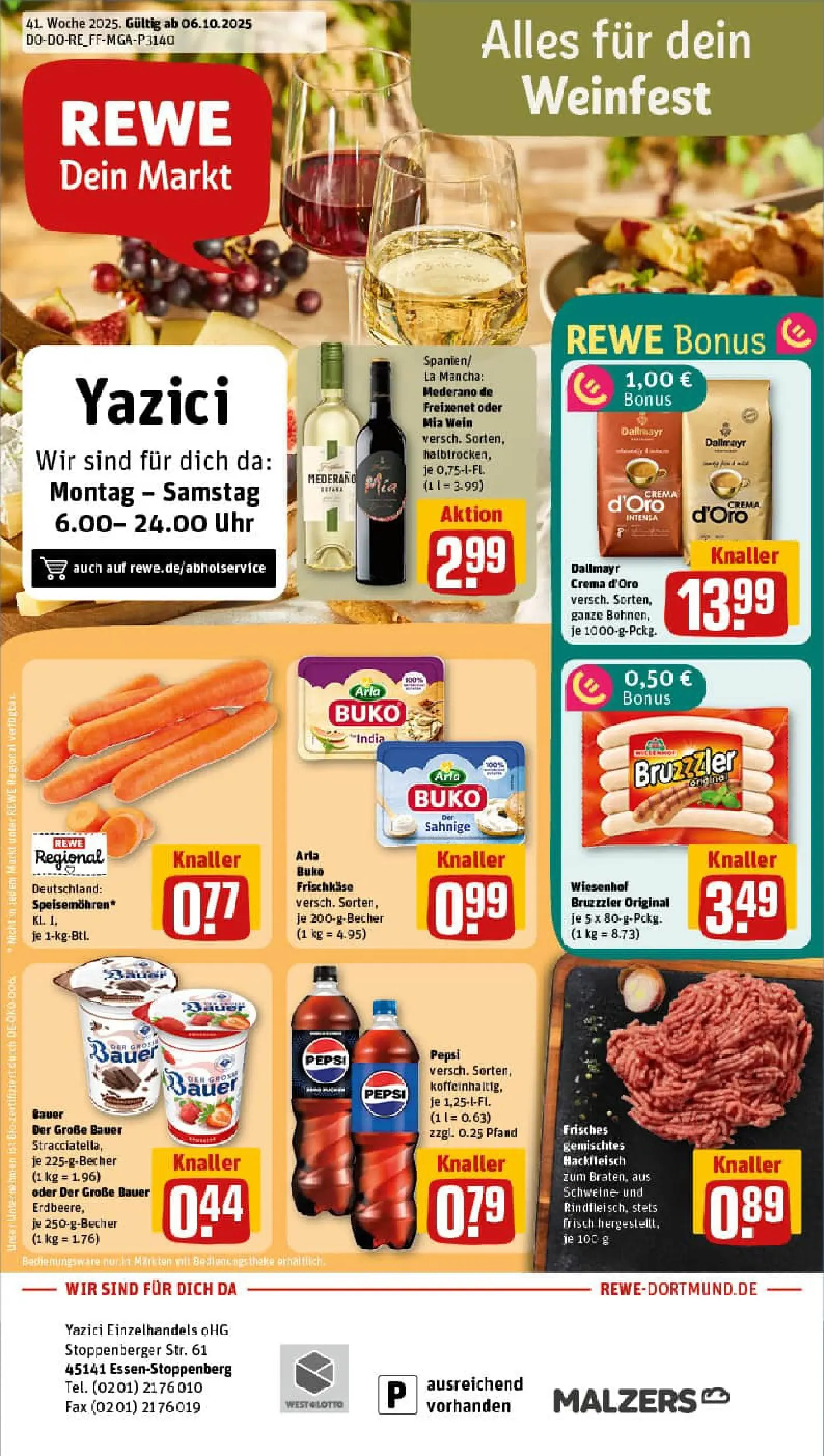 REWE Prospekt ab 06.10.2025 zum Blättern » Angebote | Seite: 1 | Produkte: Dallmayr, Wein, Uhr, Frischkase