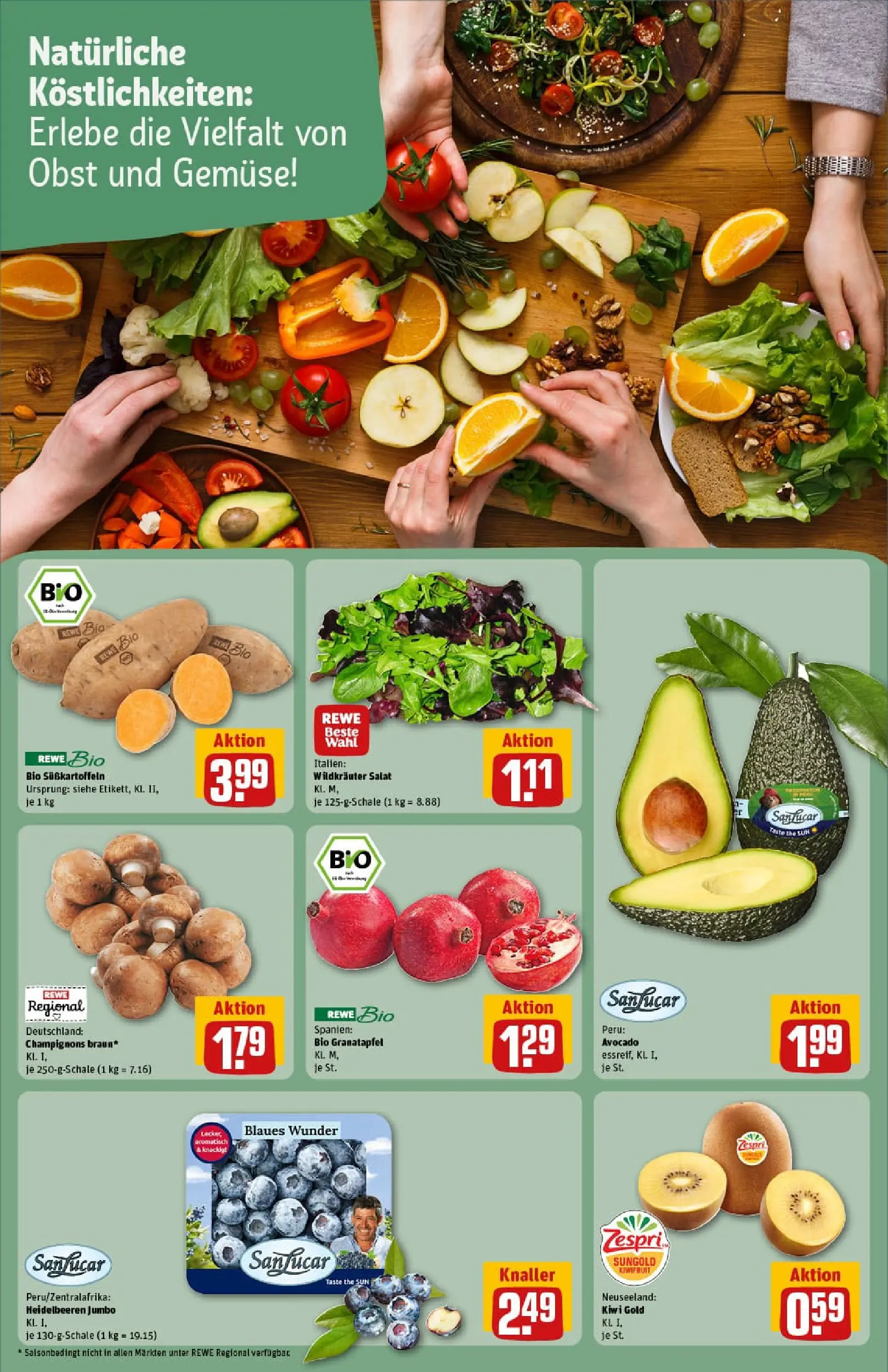 REWE Prospekt ab 06.10.2025 zum Blättern » Angebote | Seite: 21 | Produkte: Heidelbeeren, Avocado, Kiwi, Salat