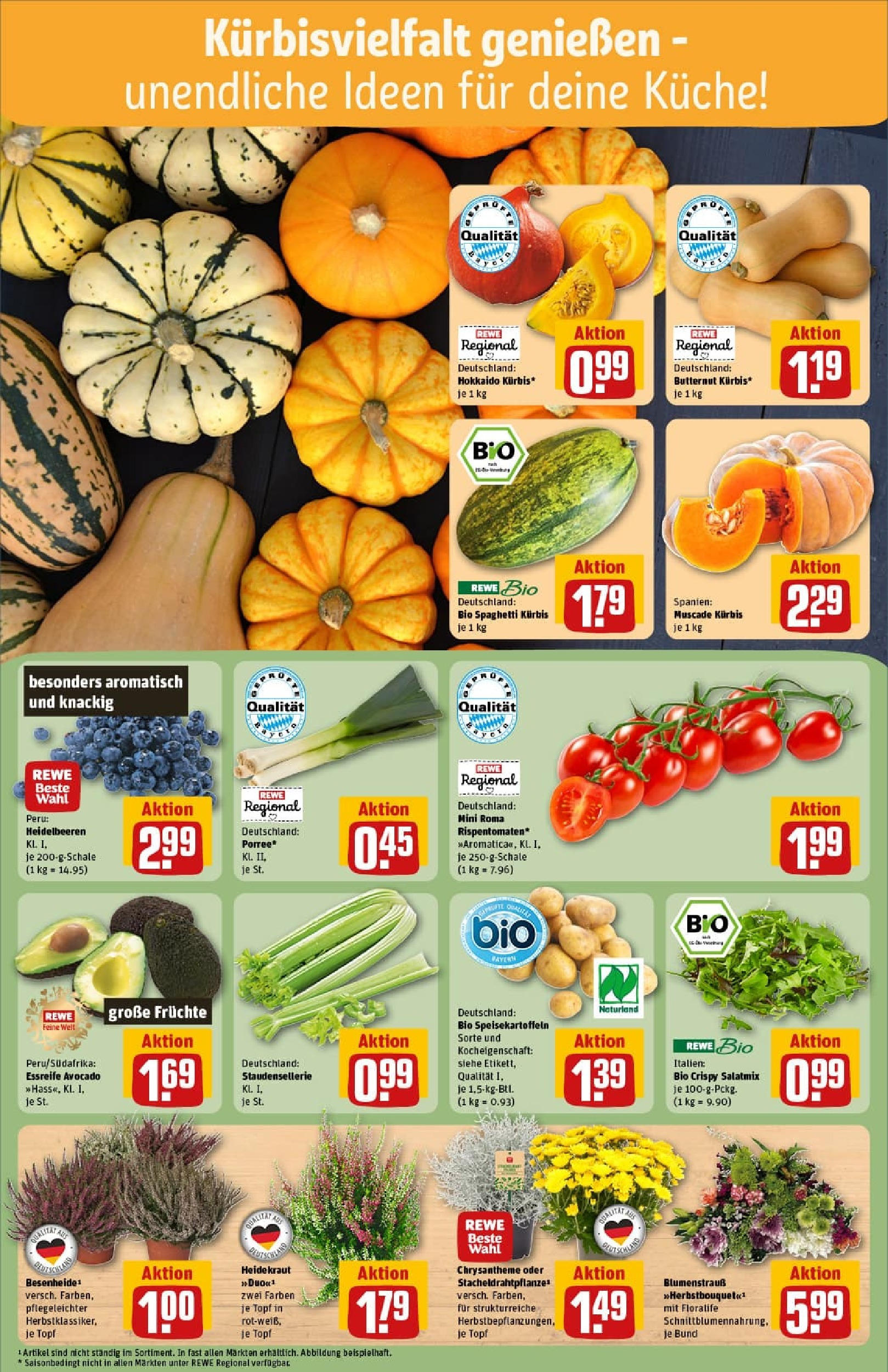 REWE Prospekt ab 06.10.2025 zum Blättern » Angebote | Seite: 9 | Produkte: Heidelbeeren, Avocado, Kraut, Kürbis