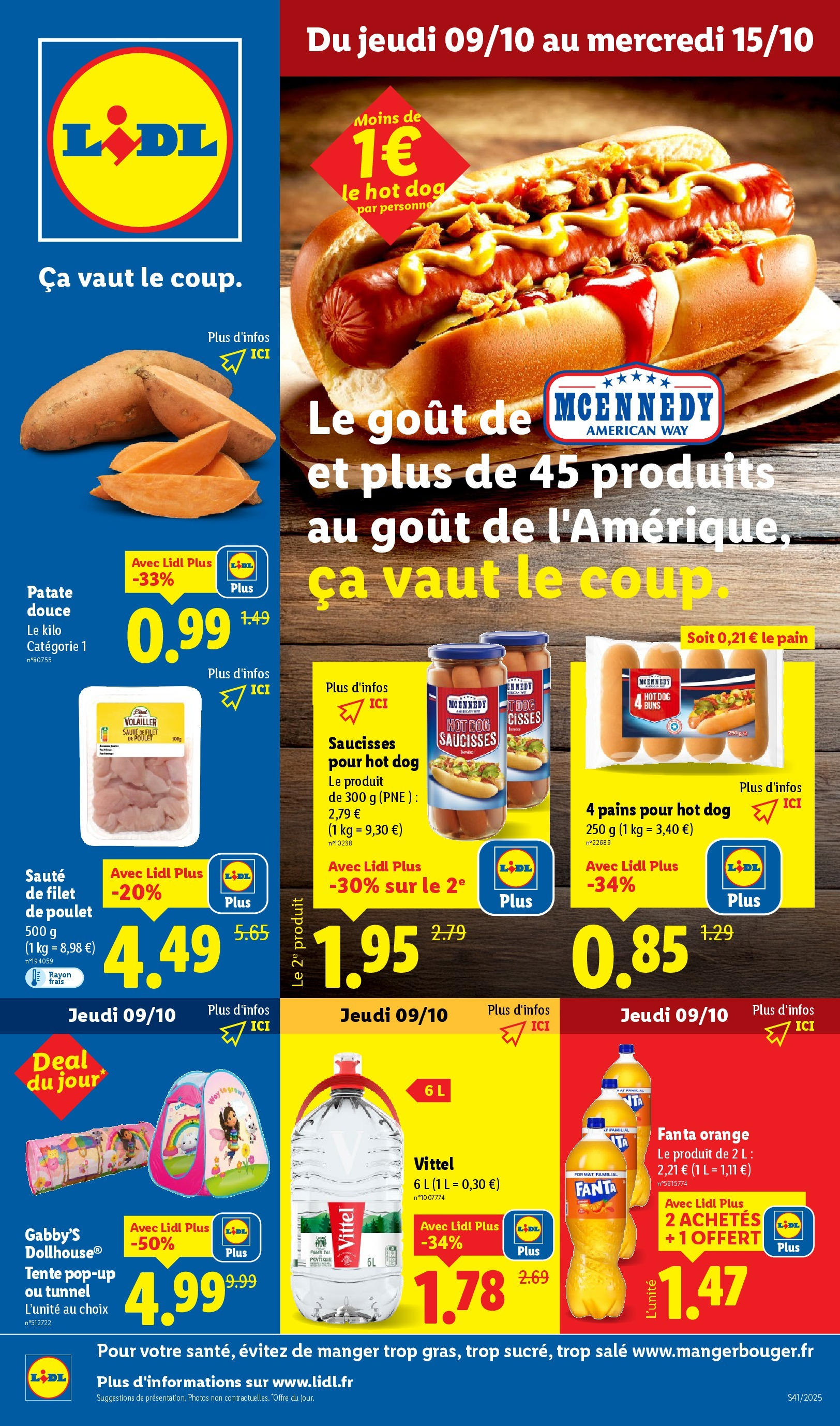 Catalogue LIDL du 08/10/2025 | Promo prospectus en ligne | Page: 1 | Produits: Tente, Hot dog, Vittel, Pain