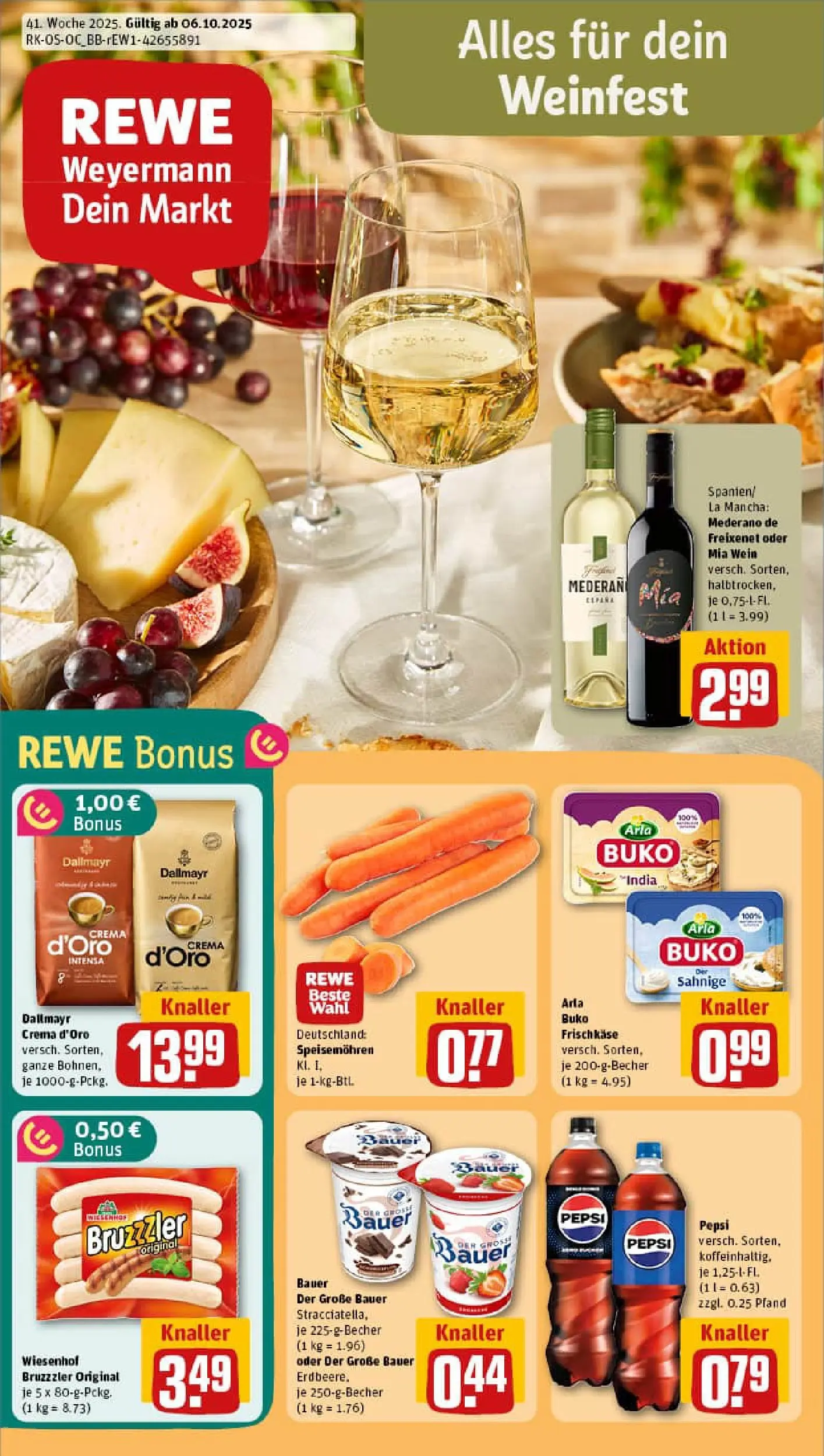 REWE Prospekt ab 06.10.2025 zum Blättern » Angebote | Seite: 1 | Produkte: Freixenet, Dallmayr, Pepsi, Wein