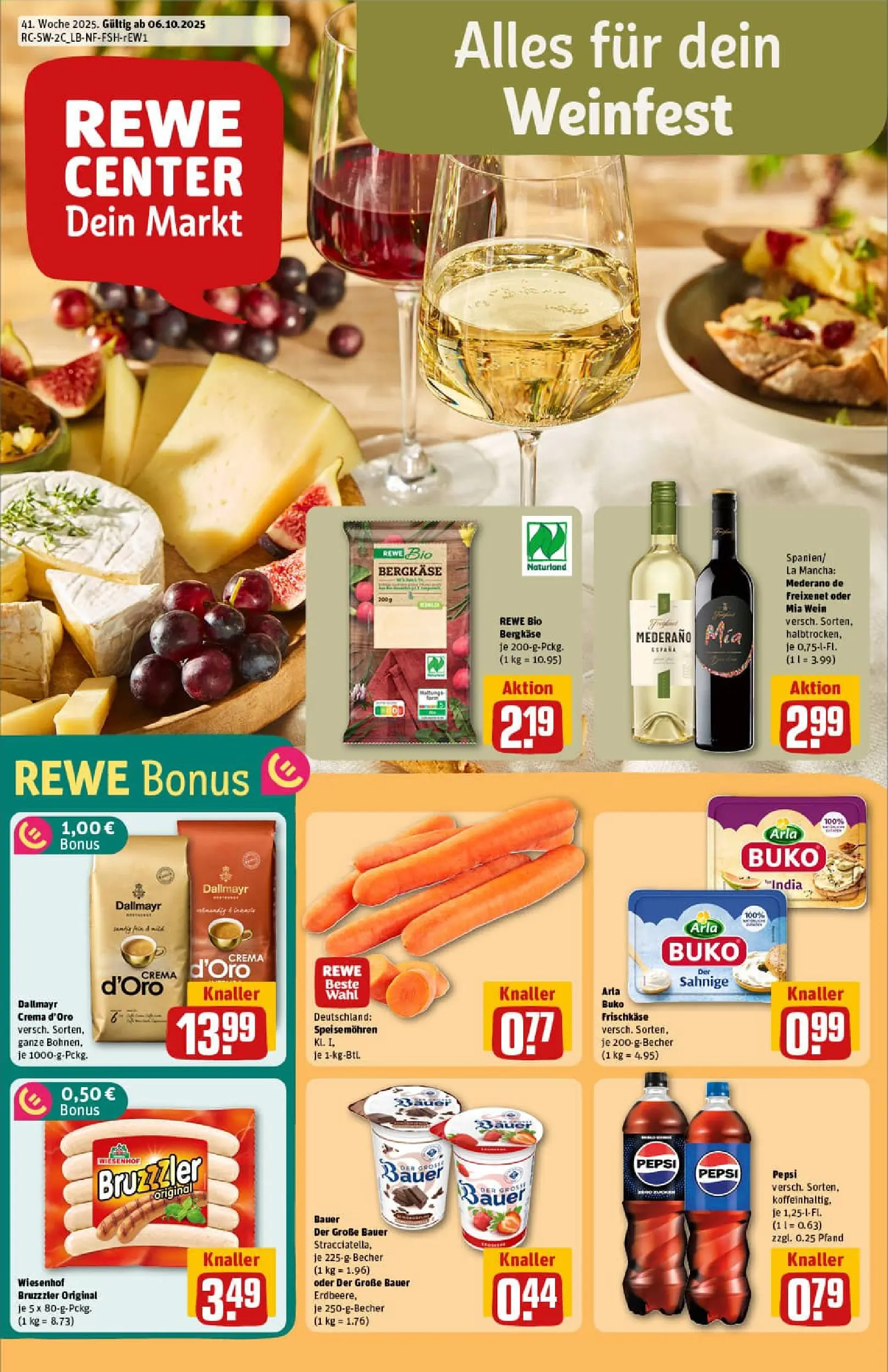 REWE Prospekt ab 06.10.2025 zum Blättern » Angebote | Seite: 1 | Produkte: Dallmayr, Arla buko, Wein, Frischkase