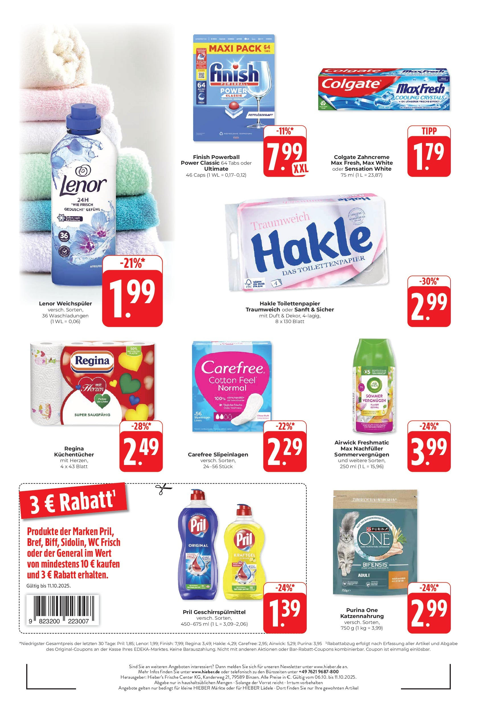 Entdecke - Hieber's Frischecenter: Meine Woche (ab 05.10.2025) zum Blättern | Seite: 16 | Produkte: Purina one, Finish, Weichspüler, Pril
