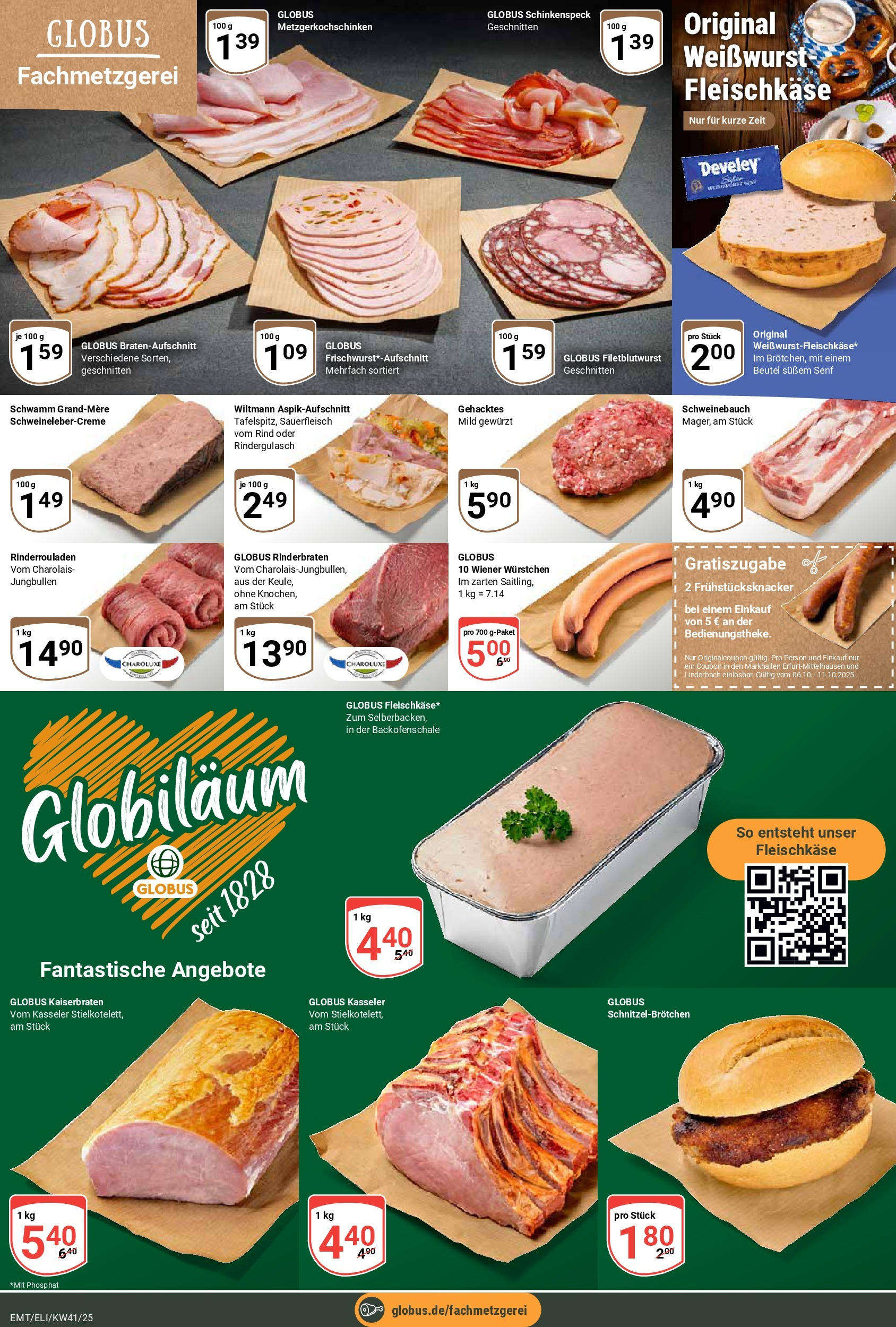 Globus prospekt Mittelhausen	 (ab 06.10.2025) » Angebote online | Seite: 9 | Produkte: Rindergulasch, Wiener wurstchen, Schweinebauch, Weißwurst