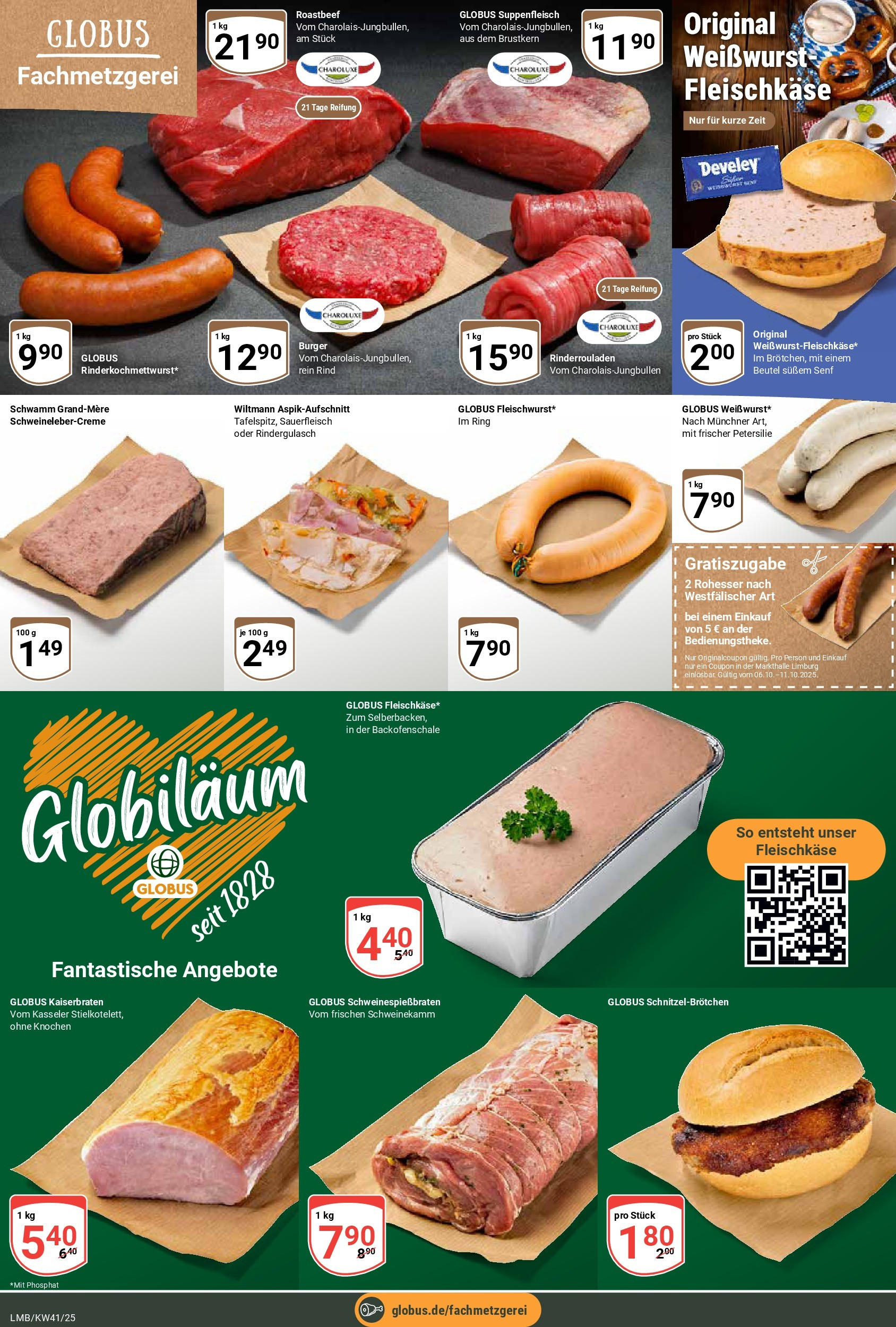 Globus prospekt Limburg	 (ab 06.10.2025) » Angebote online | Seite: 8 | Produkte: Rinderrouladen, Rindergulasch, Roastbeef, Suppenfleisch