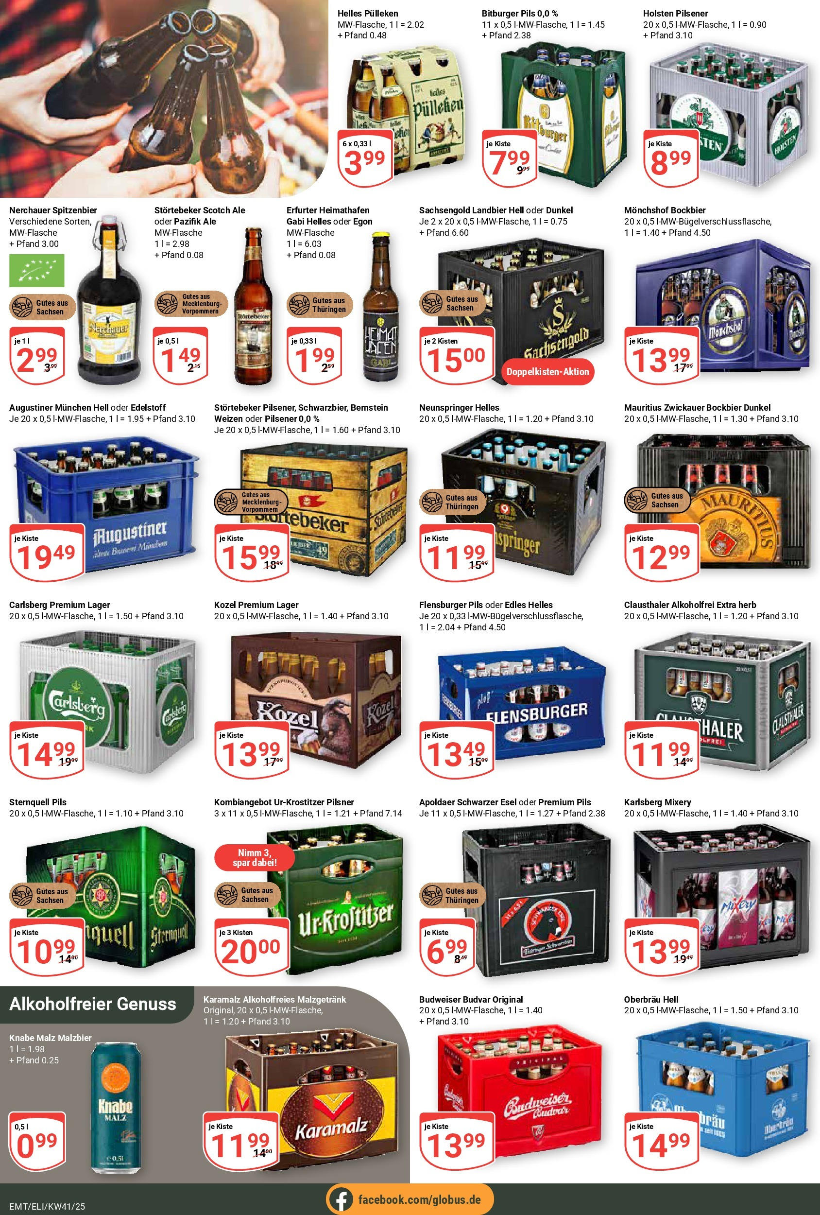 Globus prospekt Mittelhausen	 (ab 06.10.2025) » Angebote online | Seite: 18 | Produkte: Helles pulleken, Bitburger, Pils, Budweiser