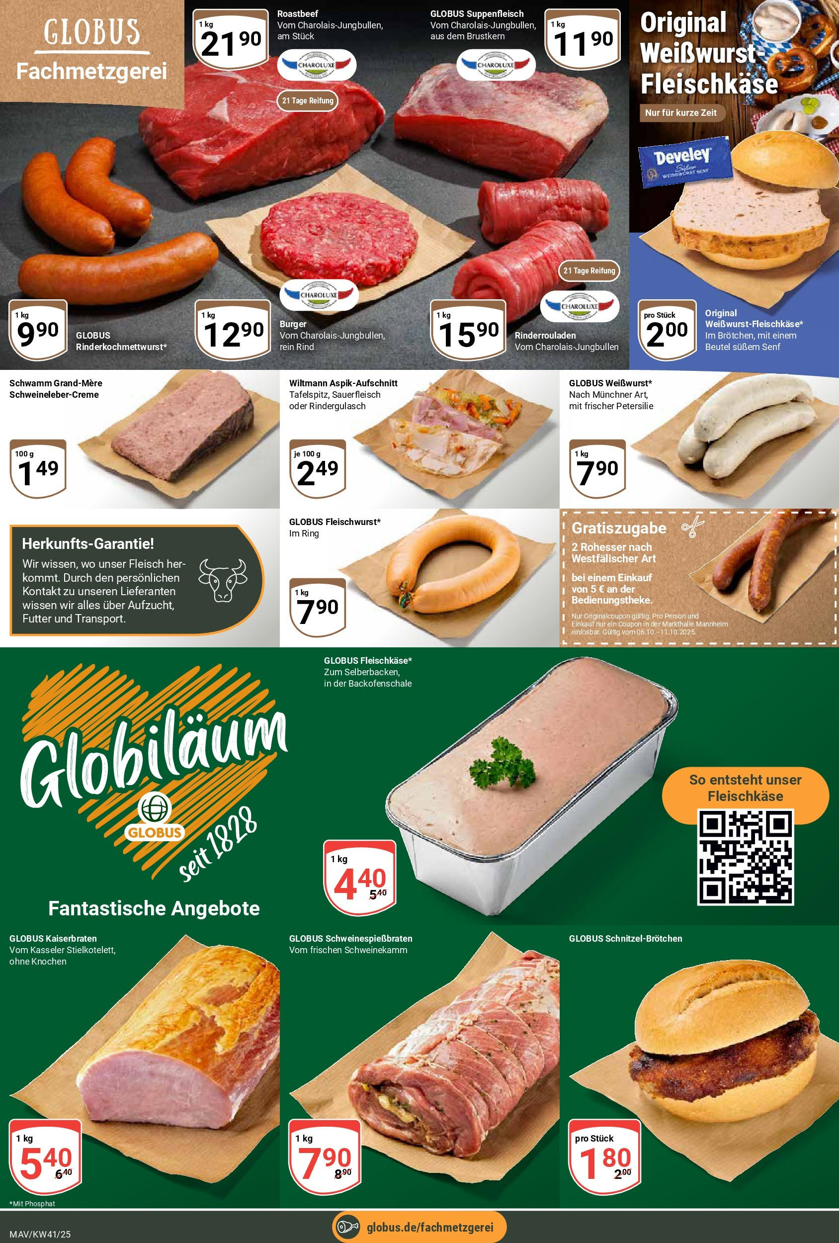 Globus prospekt Mannheim	 (ab 06.10.2025) » Angebote online | Seite: 8 | Produkte: Rindergulasch, Weißwurst, Suppenfleisch, Fleisch