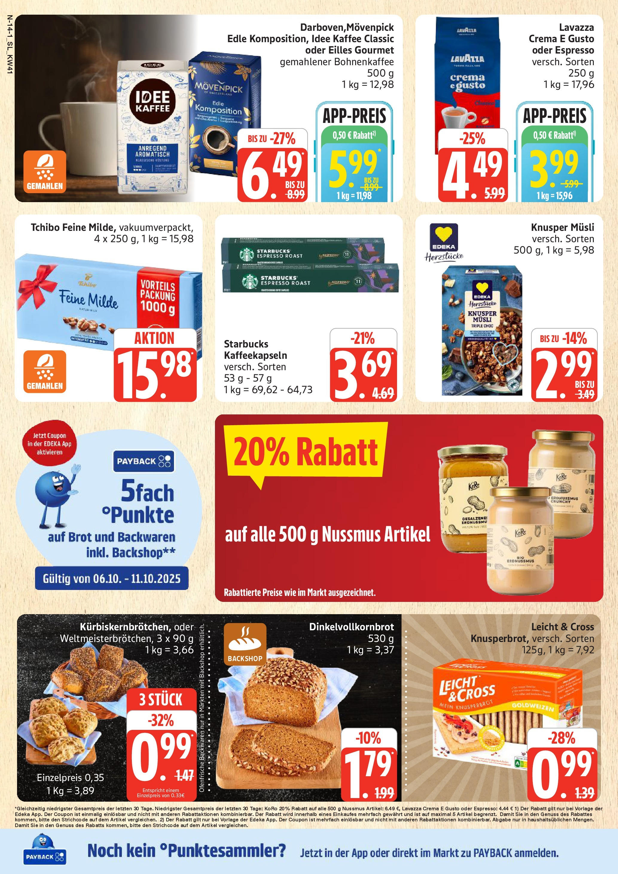 Edeka prospekt Rostock	 (ab 06.10.2025) » Angebote Online | Seite: 14 | Produkte: Lavazza, Idee kaffee, Starbucks, Brot
