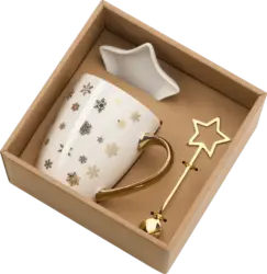 Dekorieren & Einrichten Geschenkset Kaffeebecher Schneeflocken mit Teller & Löffel, weiß-gold