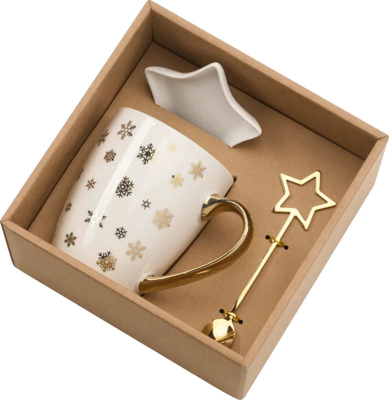 Dekorieren & Einrichten Geschenkset Kaffeebecher Schneeflocken mit Teller & Löffel, weiß-gold