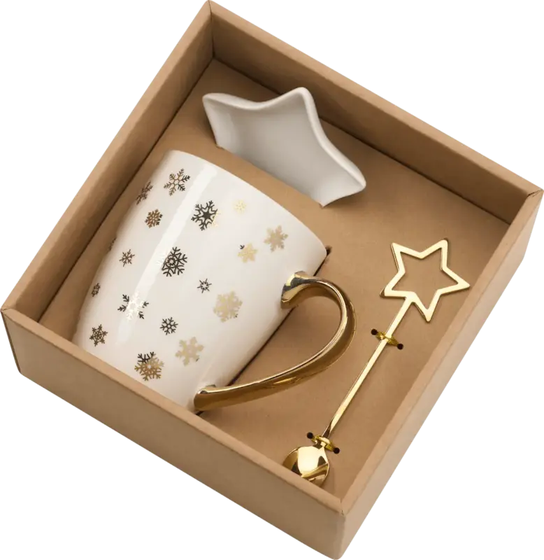 Dekorieren & Einrichten Geschenkset Kaffeebecher Schneeflocken mit Teller & Löffel, weiß-gold