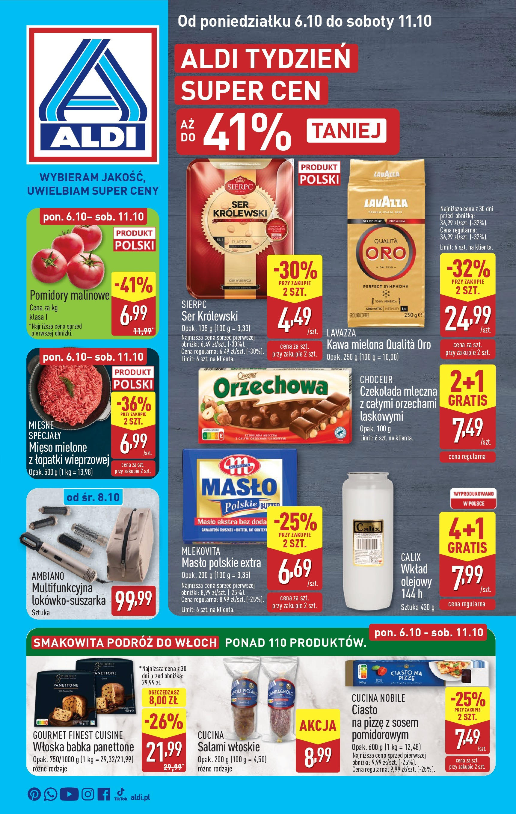 Aldi Gazetka od 06.10.2025 - Ulotka PDF, promocje | Strona: 1 | Produkty: Lavazza, Masło, Kawa, Salami
