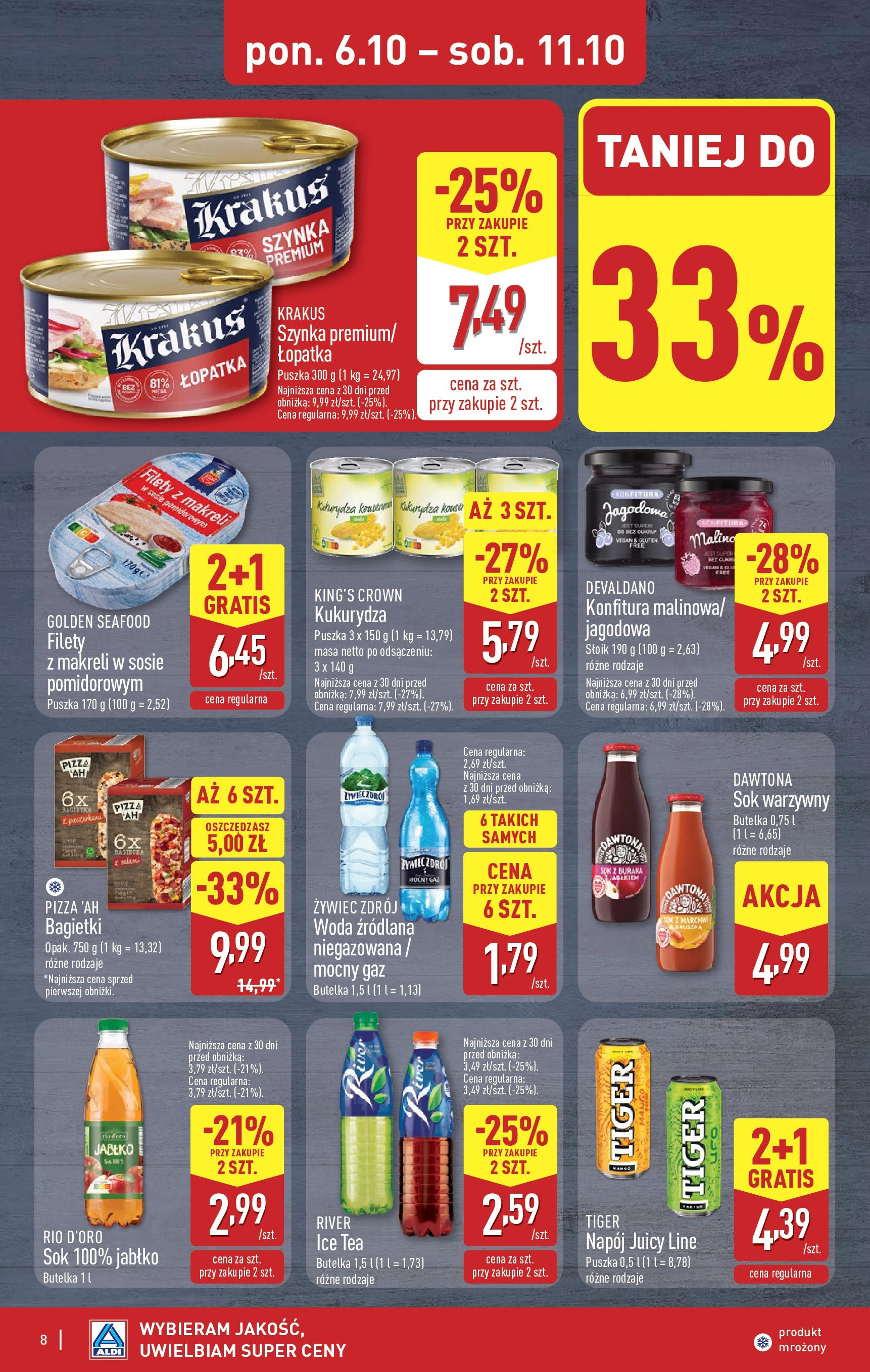 Aldi Gazetka od 06.10.2025 - Ulotka PDF, promocje | Strona: 8 | Produkty: Woda źródlana, Szynka, Bagietka, Sok