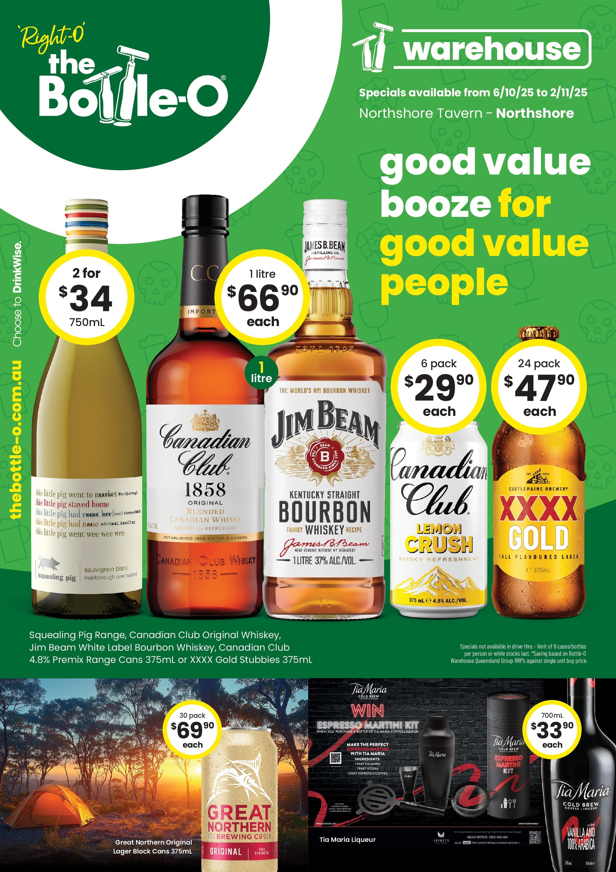 The Bottle-O - Good Value Booze, For Good Value People. QLD 06/10 - 05/10/2025 > weekly / monthly specials | Page: 1 | Products: Coffee, Bourbon, Vodka, Whiskey