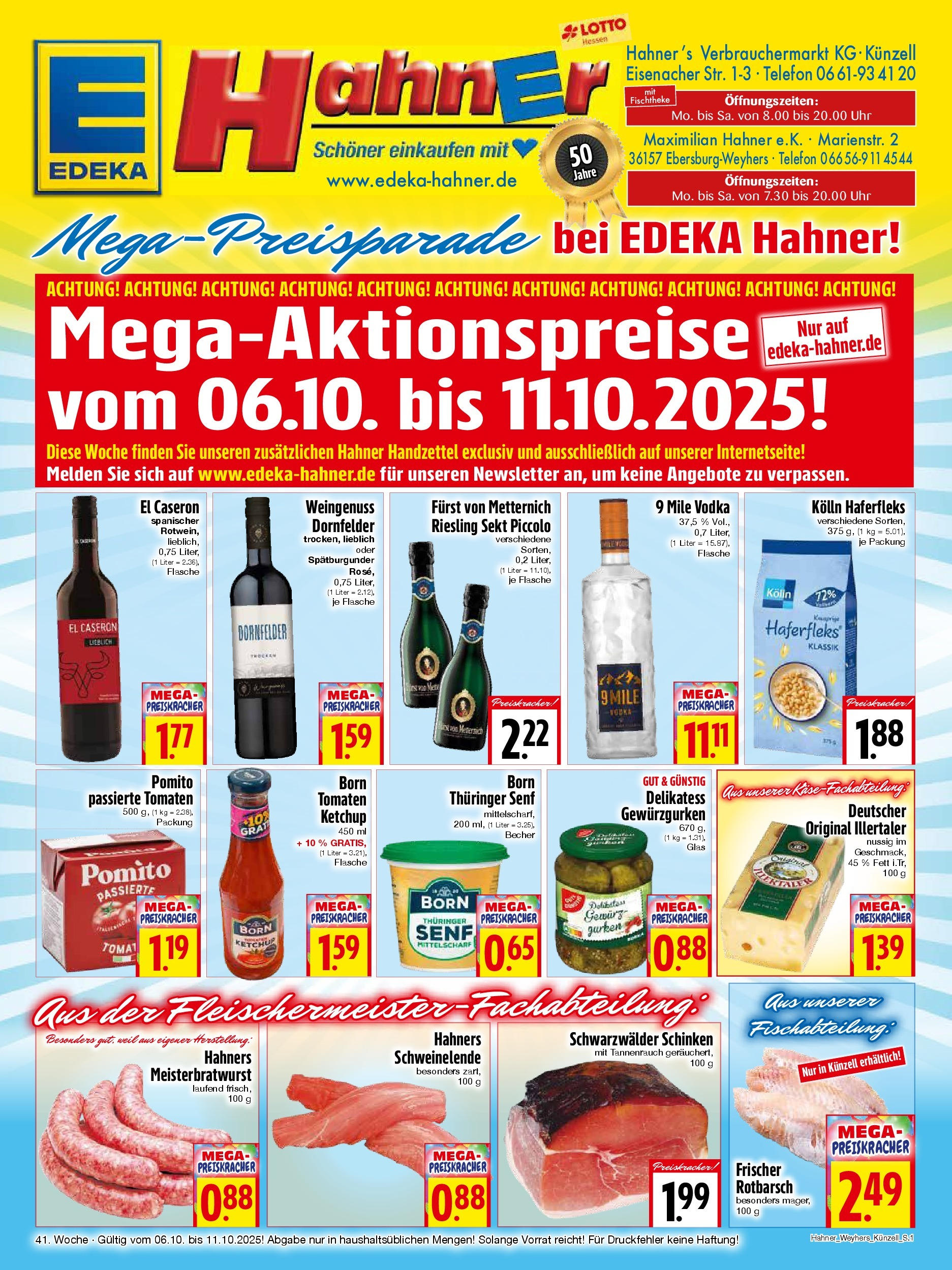 Entdecke - Edeka Hahner: Wochenangebote (ab 05.10.2025) zum Blättern | Seite: 1 | Produkte: Tomaten, Schinken, Gurken, Telefon