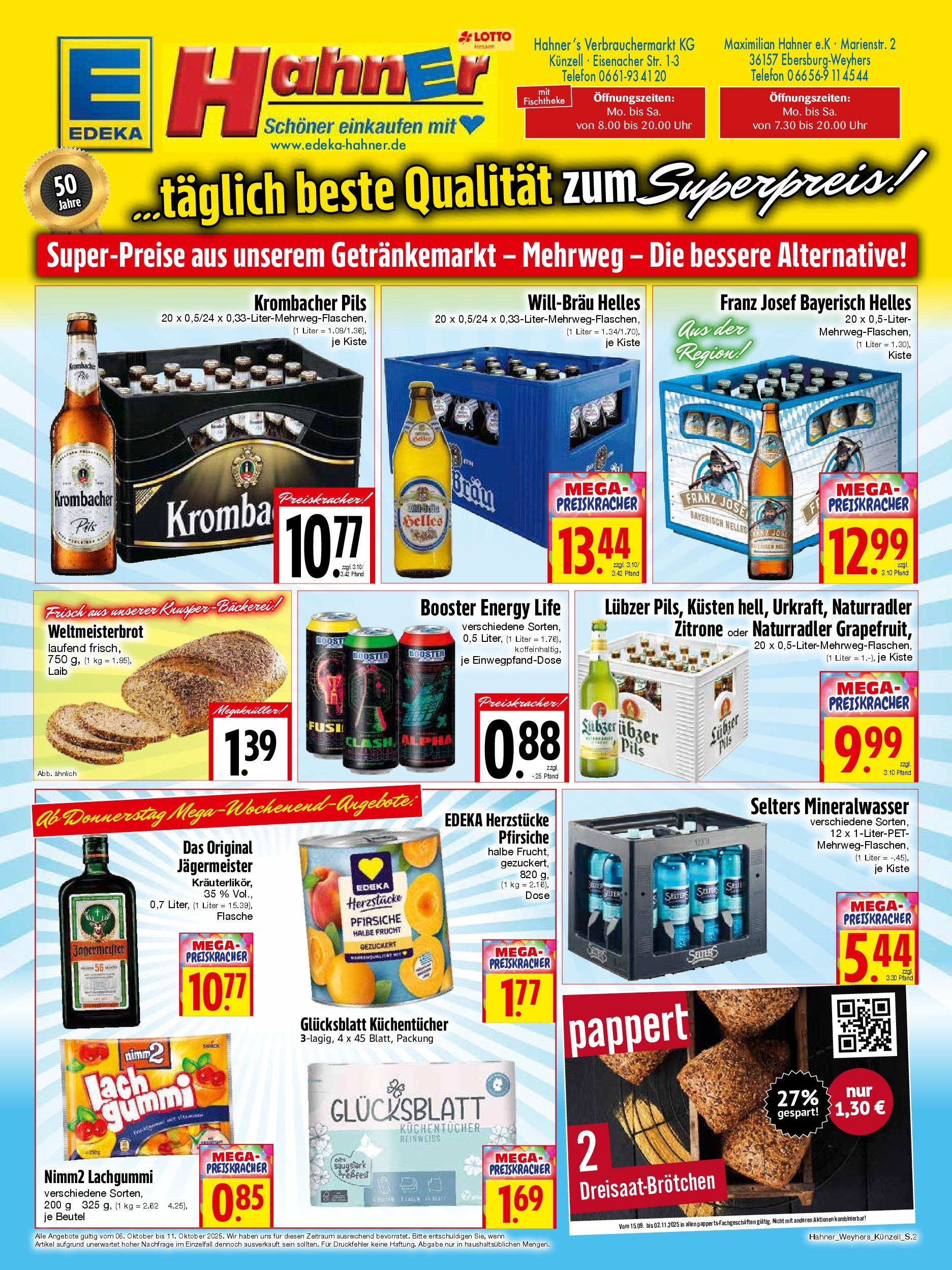 Entdecke - Edeka Hahner: Wochenangebote (ab 05.10.2025) zum Blättern | Seite: 2 | Produkte: Mineralwasser, Jägermeister, Krombacher, Uhr