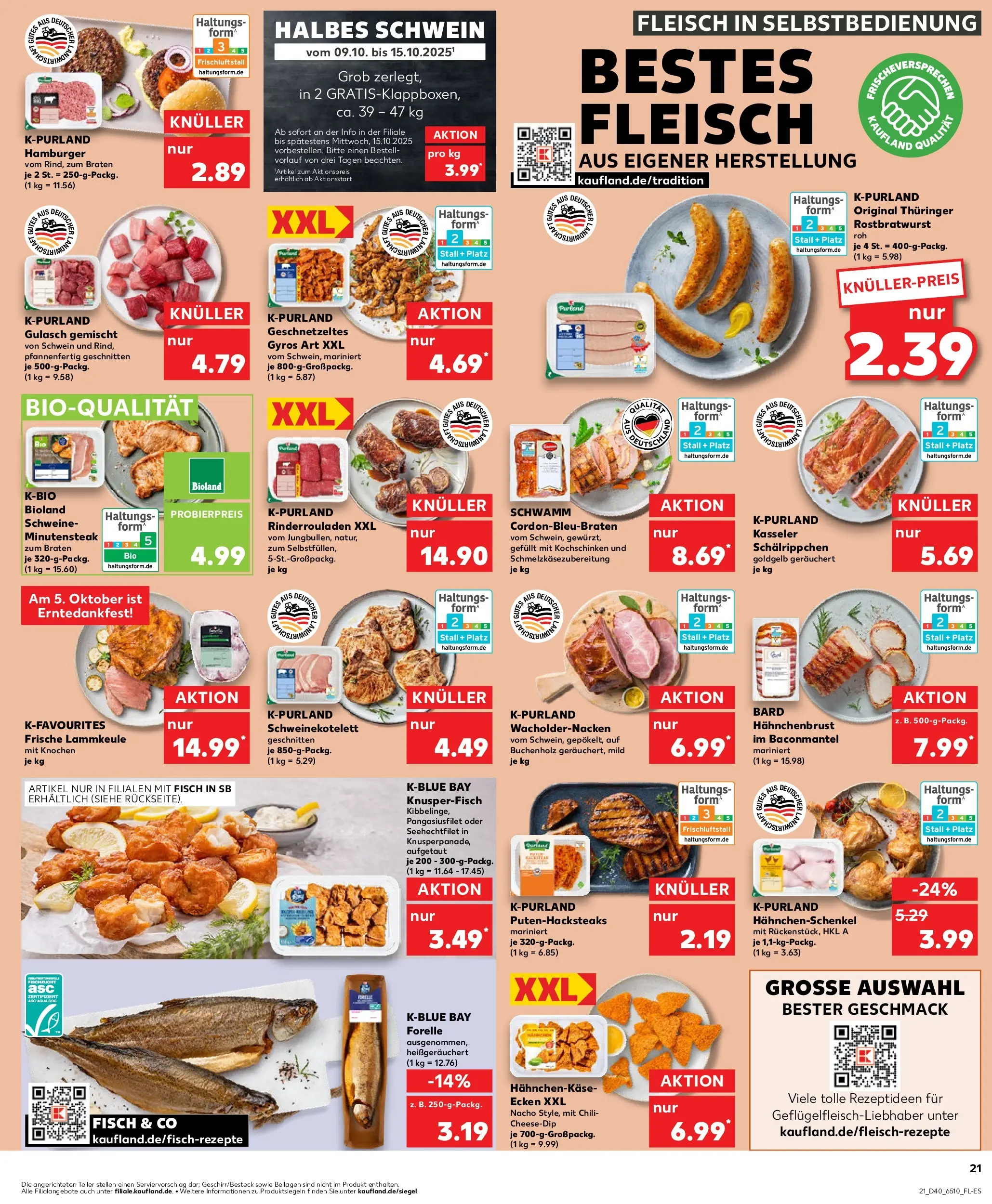 Prospekt Kaufland ab 05.10.2025 » Angebote Online zum Blättern | Seite: 21 | Produkte: Rinderrouladen, Hahnchenschenkel, Gyros, Steak