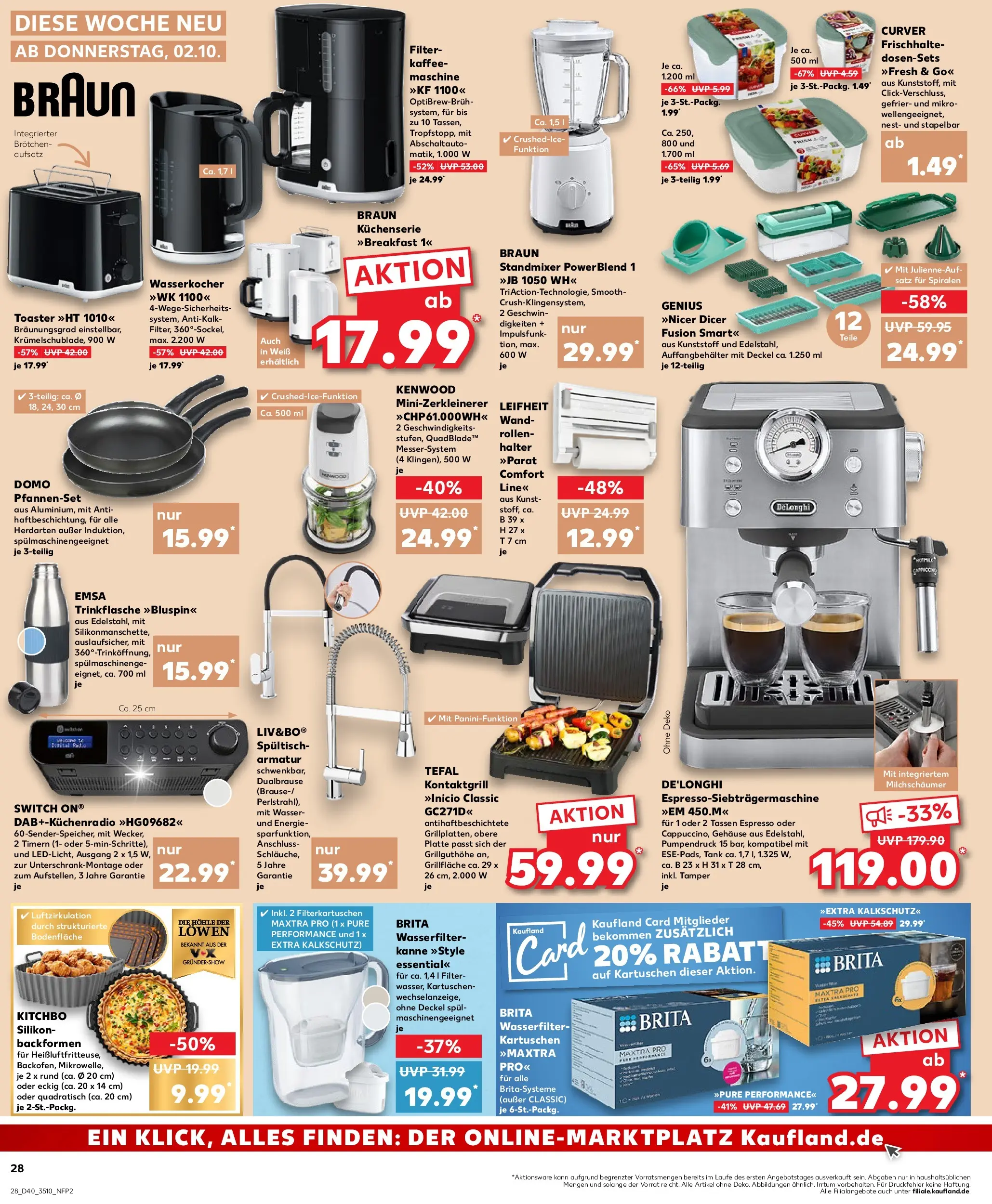 Prospekt Kaufland ab 05.10.2025 » Angebote Online zum Blättern | Seite: 28 | Produkte: Wasserkocher, Toaster, Kaffee, Wasser