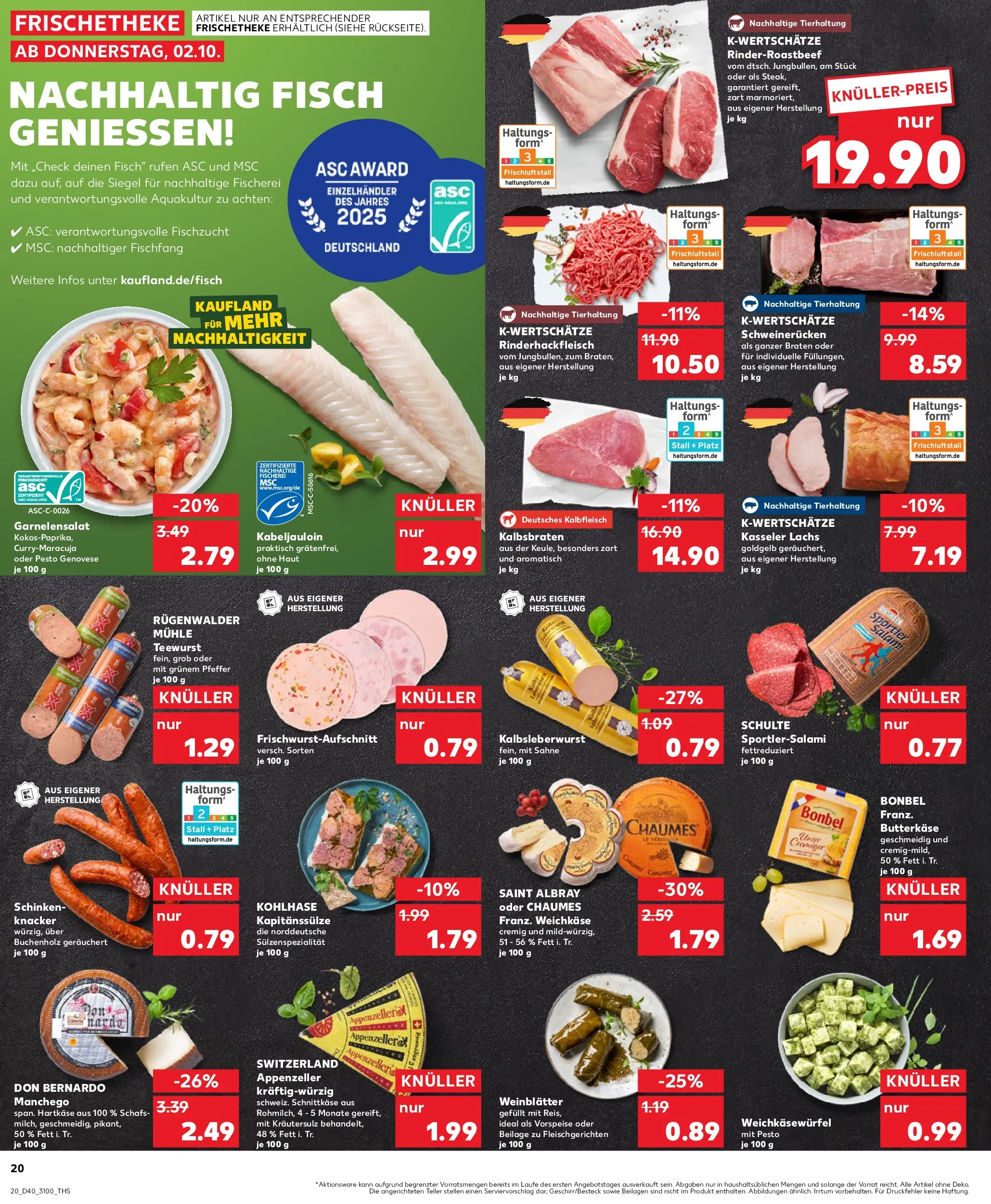 Prospekt Kaufland ab 05.10.2025 » Angebote Online zum Blättern | Seite: 20 | Produkte: Roastbeef, Fisch, Schweinerucken, Salami