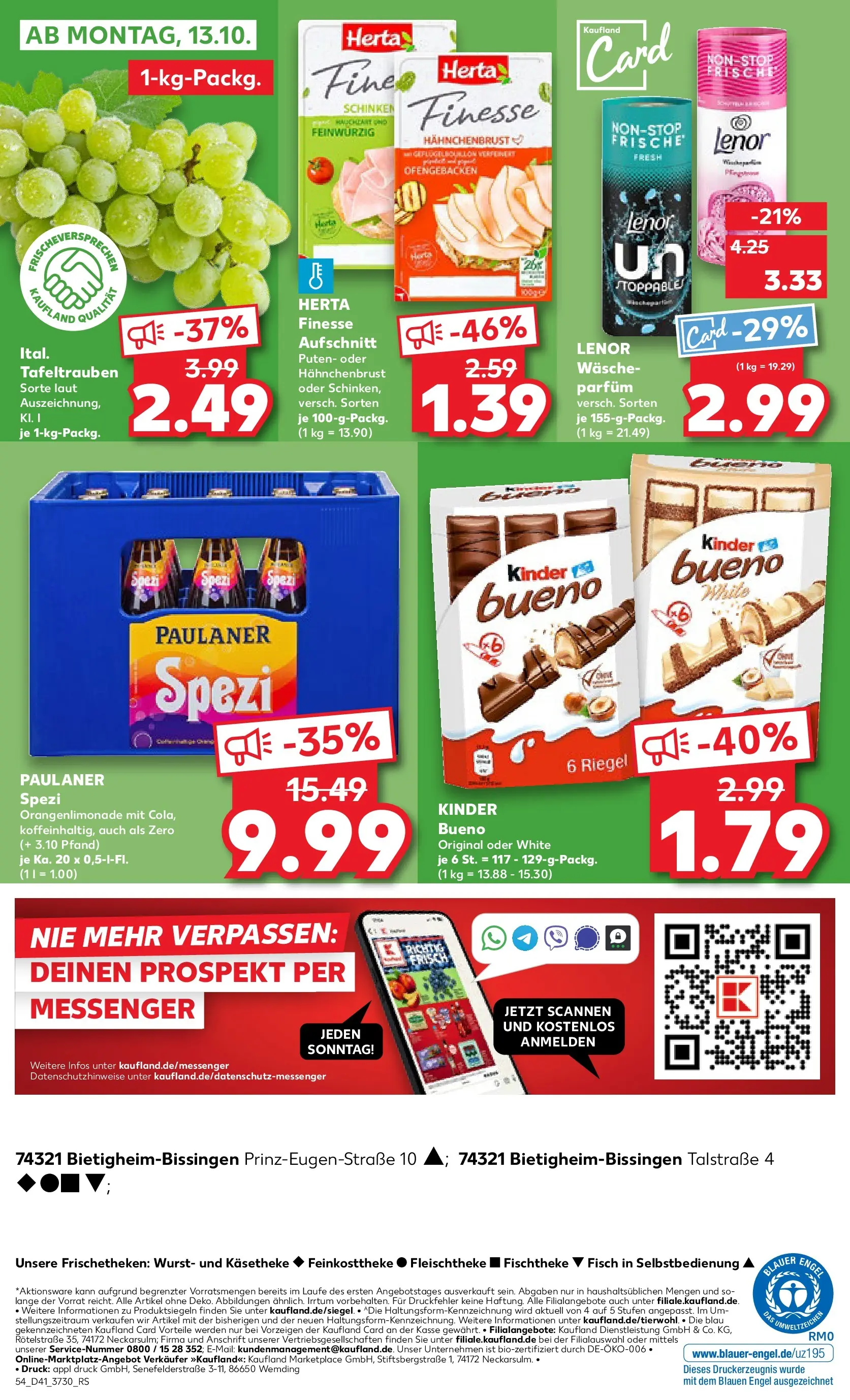 Prospekt Kaufland ab 09.10.2025 » Angebote Online zum Blättern | Seite: 54 | Produkte: Kinder bueno, Fisch, Paulaner, Hahnchenbrust