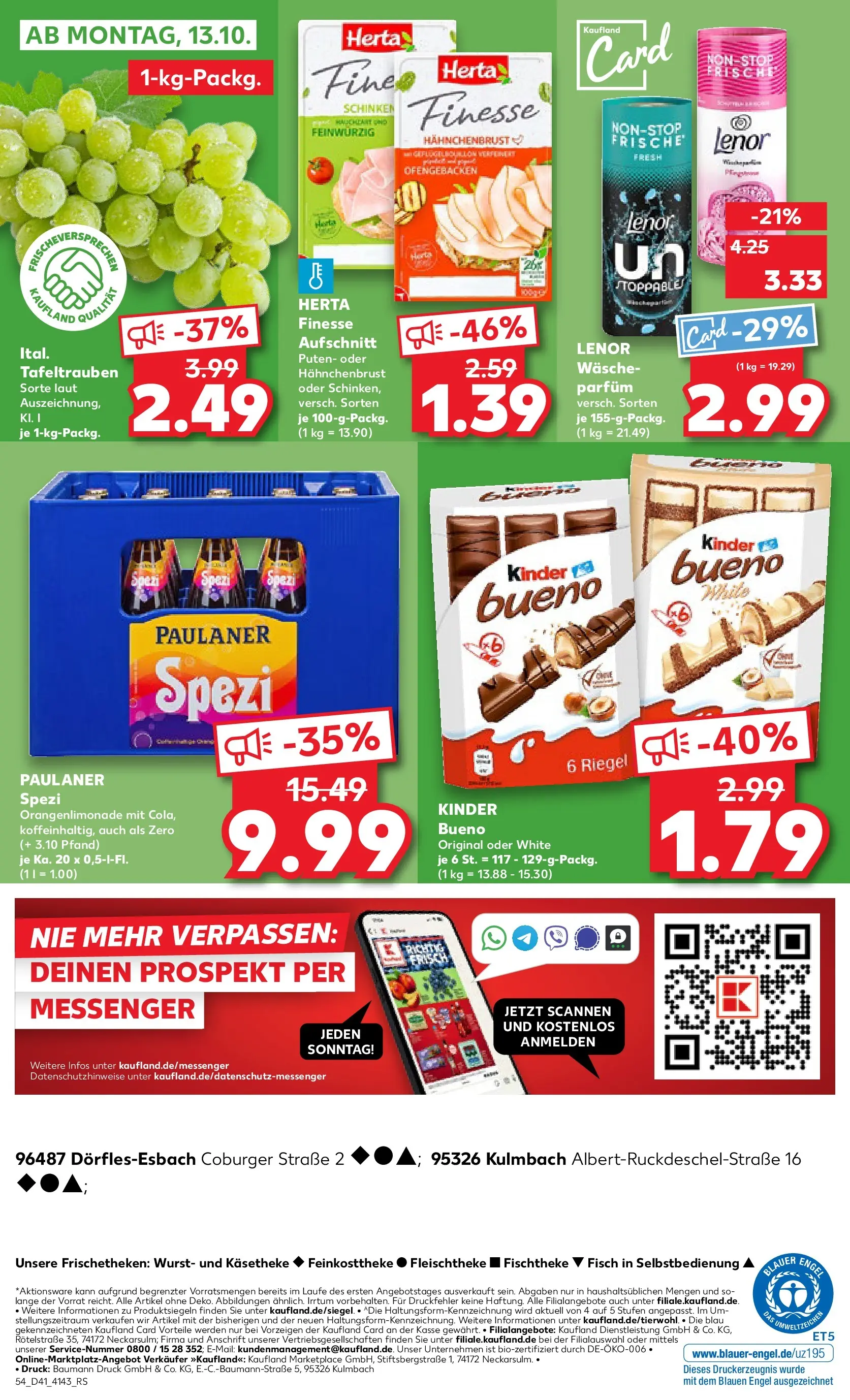 Prospekt Kaufland ab 09.10.2025 » Angebote und Werbung Online | Seite: 54 | Produkte: Kinder bueno, Wurst, Herta finesse, Hahnchenbrust Prospekt Kaufland ab 09.10.2025 » Angebote Online zum Blättern | Seite: 54 | Produkte: Kinder bueno, Wurst, Herta finesse, Hahnchenbrust