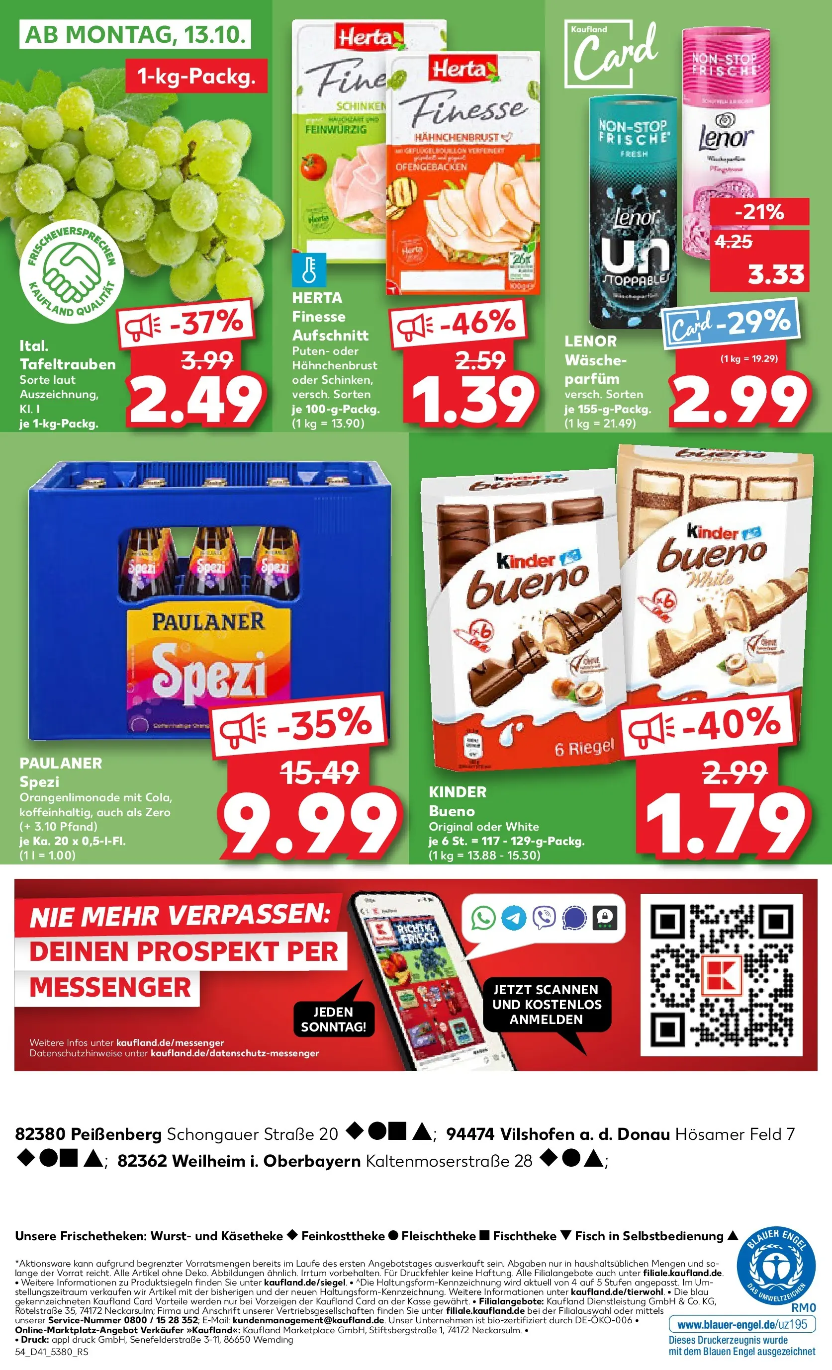Prospekt Kaufland ab 09.10.2025 » Angebote und Werbung Online | Seite: 54 | Produkte: Kinder bueno, Wurst, Paulaner, Hahnchenbrust Prospekt Kaufland ab 09.10.2025 » Angebote Online zum Blättern | Seite: 54 | Produkte: Kinder bueno, Wurst, Paulaner, Hahnchenbrust