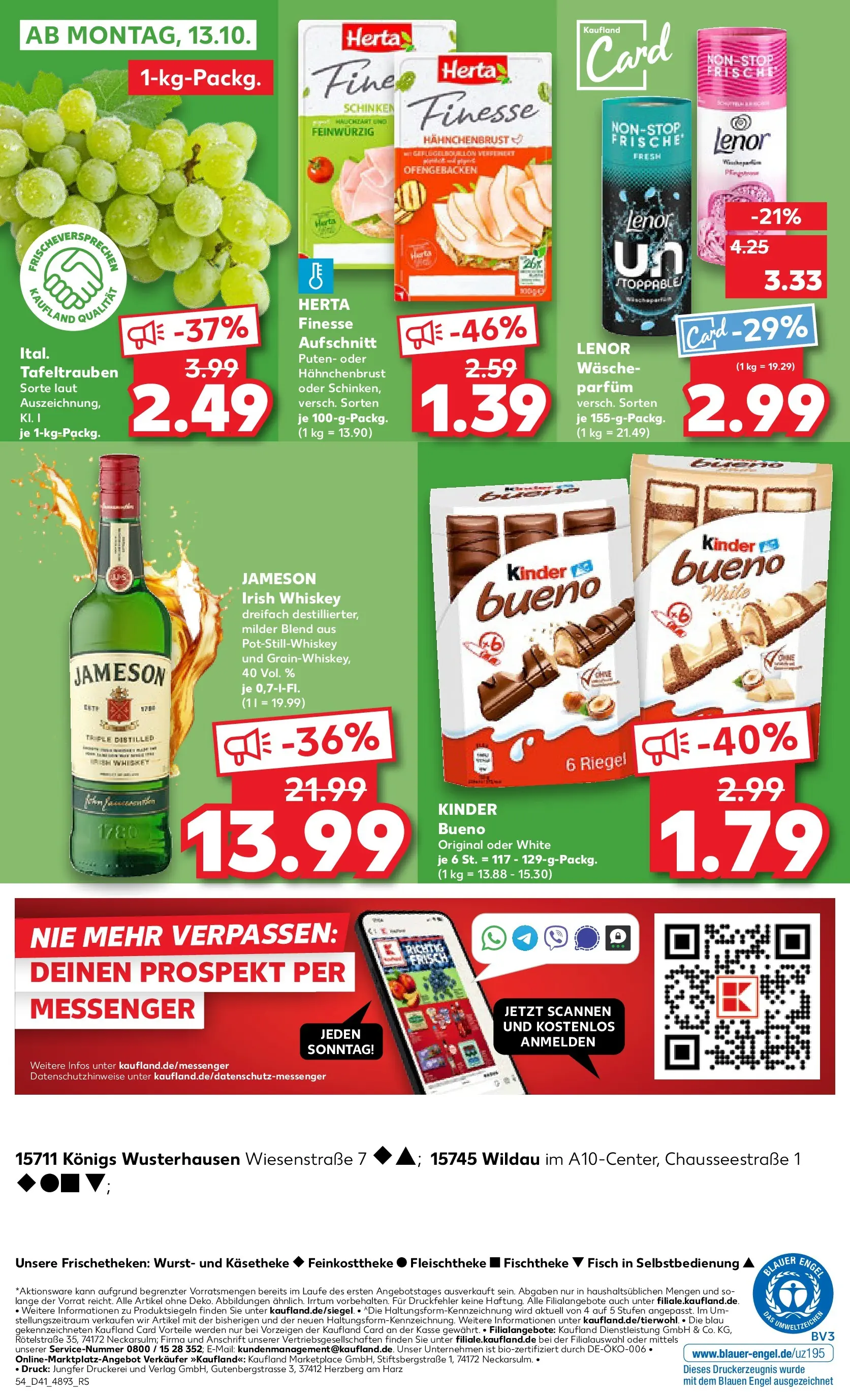 Prospekt Kaufland ab 09.10.2025 » Angebote und Werbung Online | Seite: 54 | Produkte: Lenor, Parfüm, Kinder bueno, Jameson Prospekt Kaufland ab 09.10.2025 » Angebote Online zum Blättern | Seite: 54 | Produkte: Lenor, Parfüm, Kinder bueno, Jameson