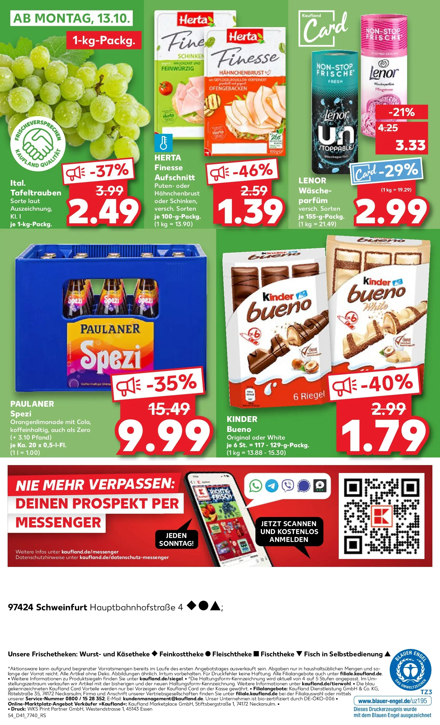 Prospekt Kaufland ab 09.10.2025 » Angebote und Werbung Online | Seite: 54 | Produkte: Lenor, Paulaner spezi, Kinder bueno, Schinken Prospekt Kaufland ab 09.10.2025 » Angebote Online zum Blättern | Seite: 54 | Produkte: Lenor, Paulaner spezi, Kinder bueno, Schinken
