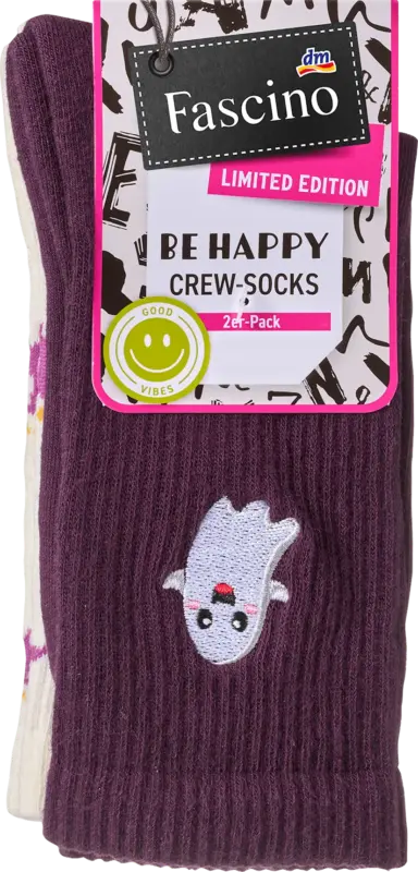 Fascino Crew Socken mit Geist- + Fledermaus-Motiv weiß + lila Gr. 35-38