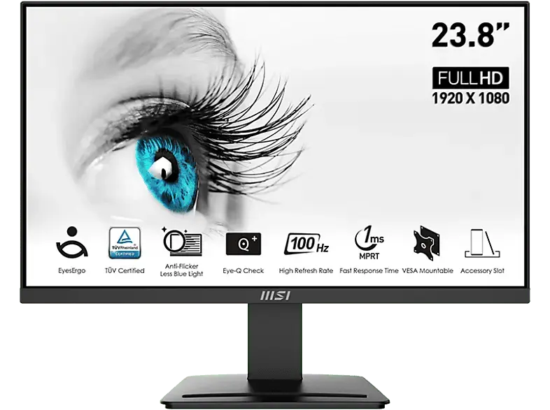 MSI pro MP2412DE 23,8 Zoll Monitor, Full-HD, 1 ms Reaktionszeit, 300 cd/m², 100 Hz, Schwarz