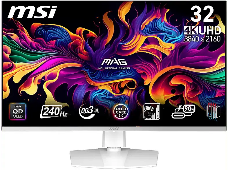 MSI MPG 321URXWDE QD-OLED 31,5 Zoll Gaming Monitor, UHD 4K, 0,03 ms Reaktionszeit, 250 cd/m², 240 Hz, Weiß