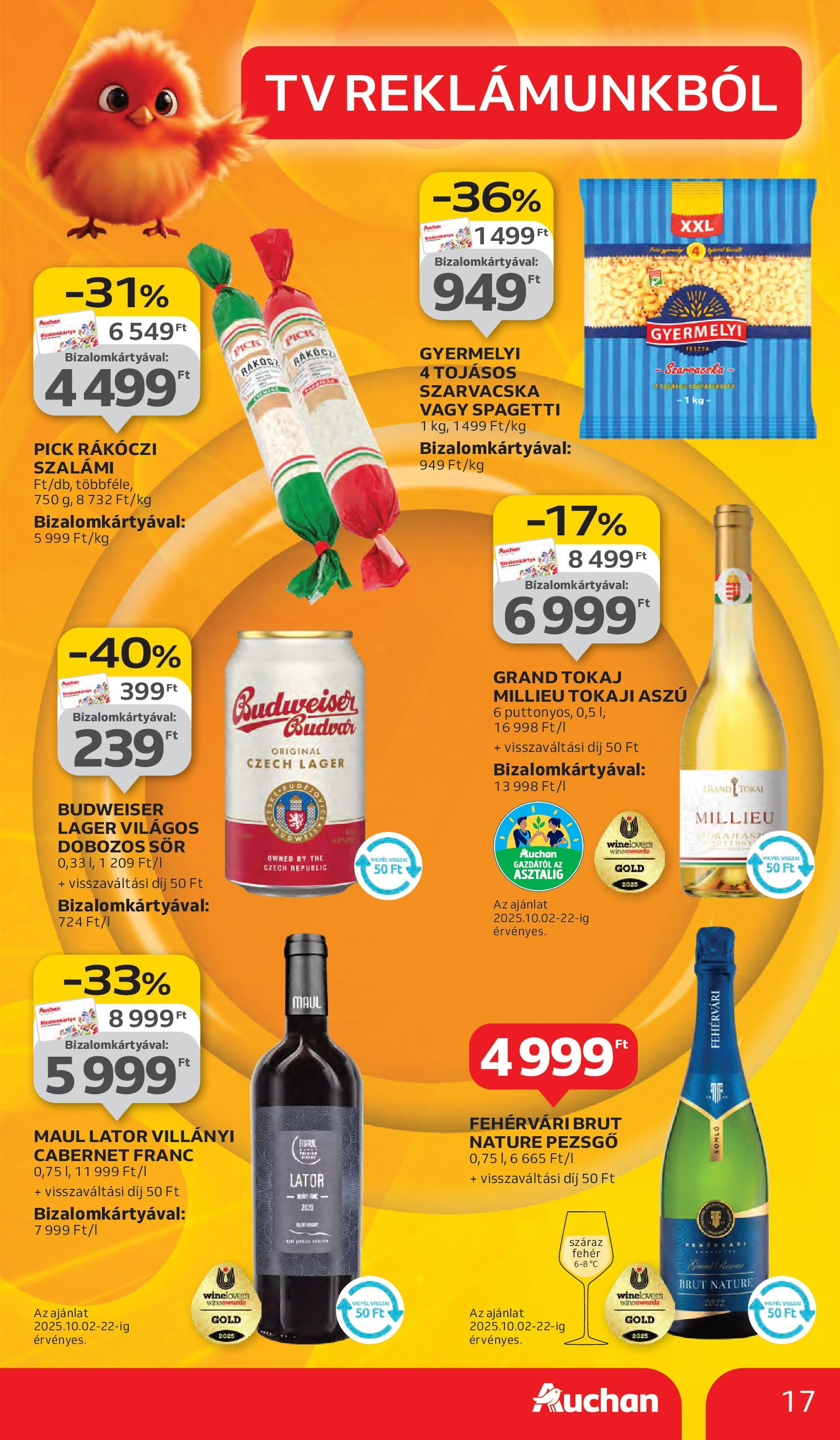 Auchan - Auchan újság érvényessége 10.08.-ig - 2025.10.03. -tól/töl > akció, lapozható szórólap 🛍️ | Oldal: 17 | Termékek: Pick, Budweiser, Pezsgő, Tészta