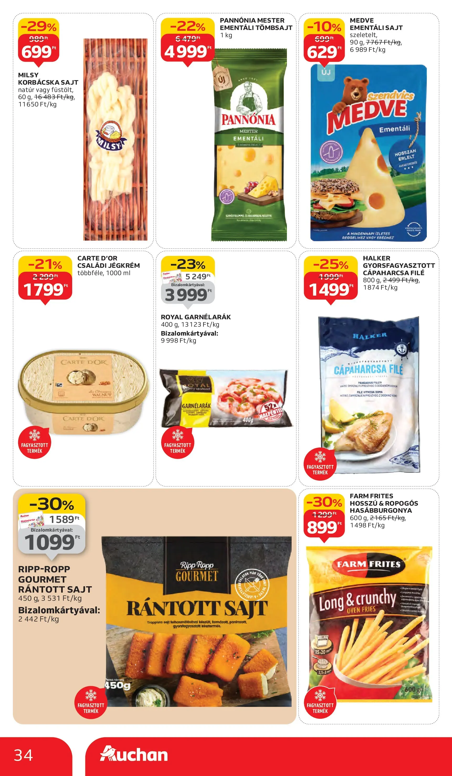 Auchan Akciós újság Szeged - 2025.10.02. -tól/töl > akció, lapozható szórólap 🛍️ | Oldal: 34 | Termékek: Rántott sajt, Sajt, Hasábburgonya, Jégkrém