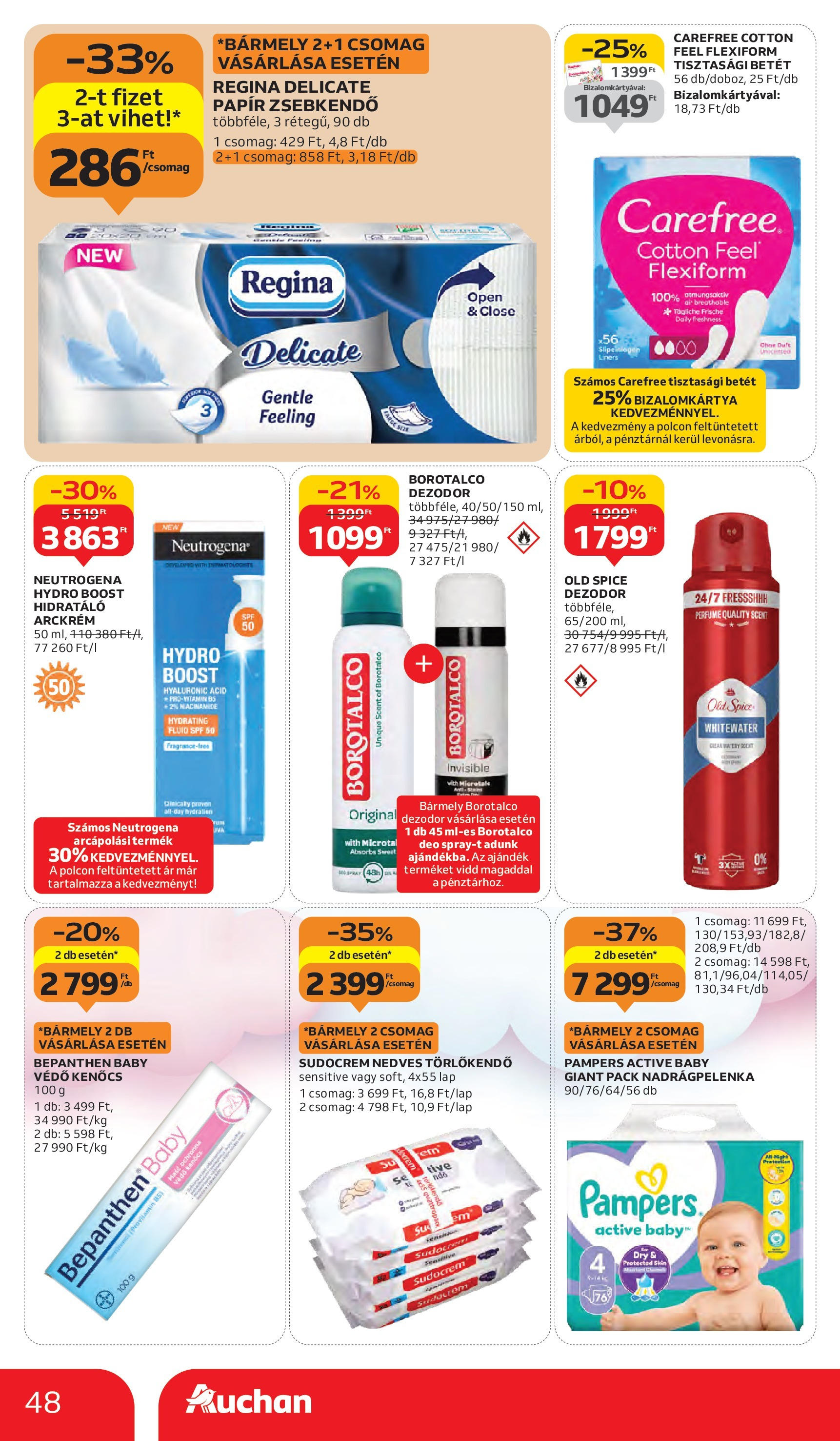 Auchan - Auchan újság érvényessége 10.08.-ig - 2025.10.03. -tól/töl > akció, lapozható szórólap 🛍️ | Oldal: 48 | Termékek: Pampers, Arckrém, Tisztasági betét, Dezodor