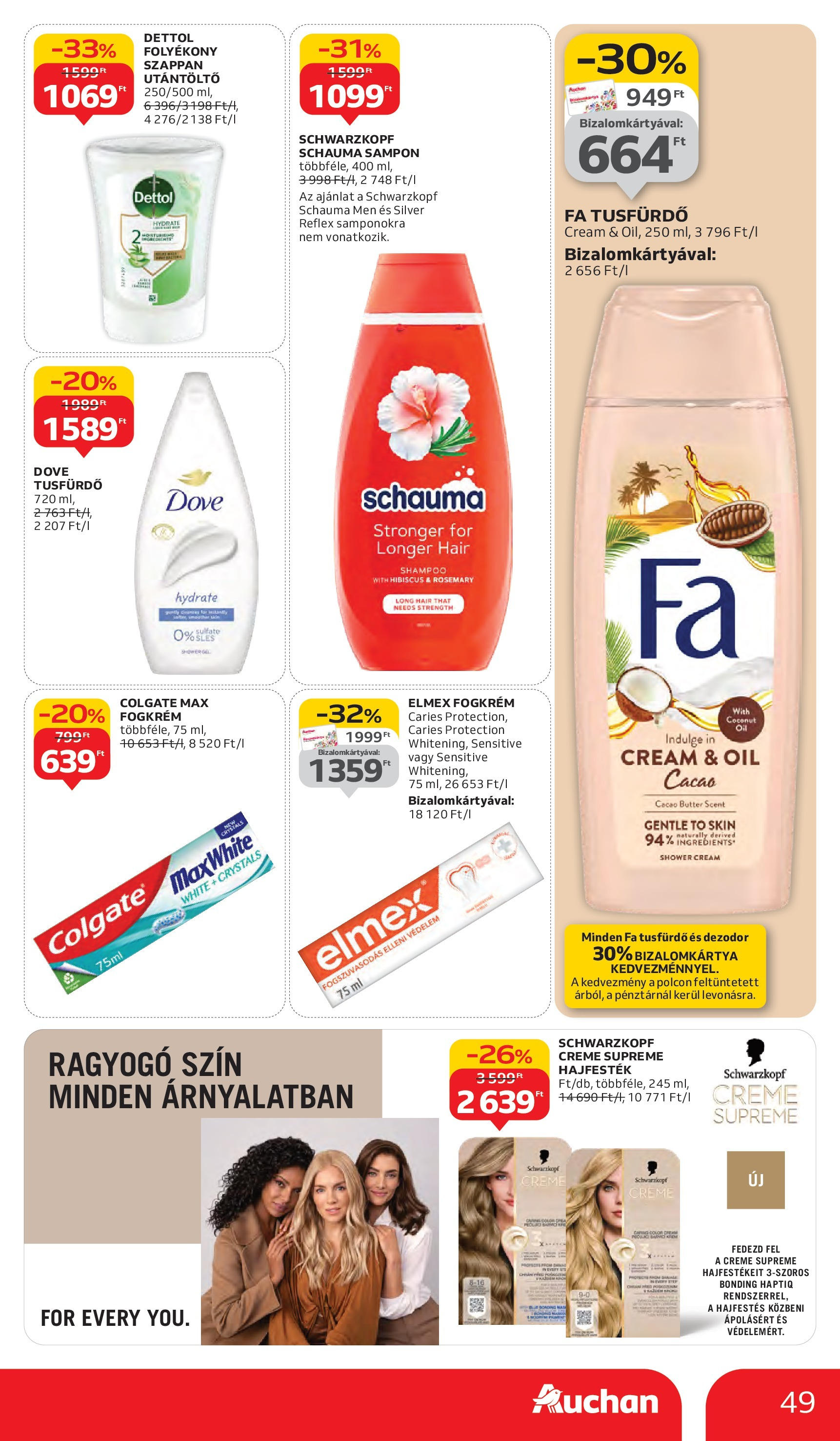 Auchan - Auchan újság érvényessége 10.08.-ig - 2025.10.03. -tól/töl > akció, lapozható szórólap 🛍️ | Oldal: 49 | Termékek: Hajfesték, Sampon, Szappan, Fogkrém