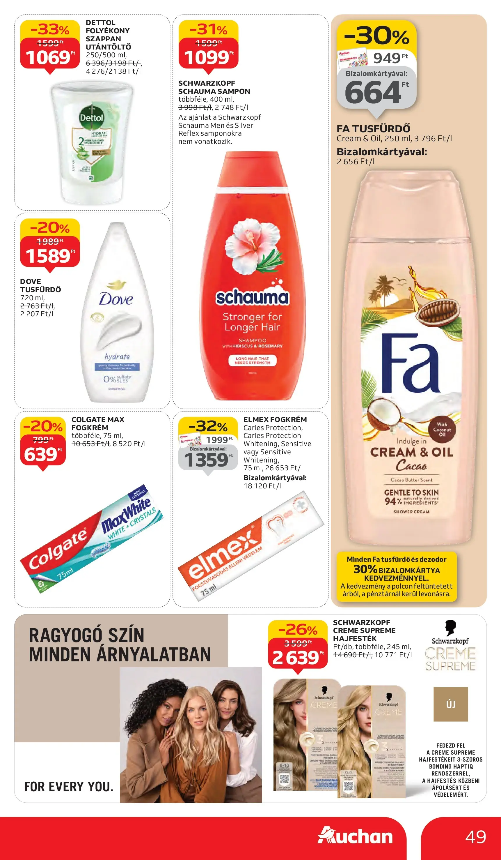 Auchan Akciós újság Szeged - 2025.10.02. -tól/töl > akció, lapozható szórólap 🛍️ | Oldal: 49 | Termékek: Hajfesték, Szappan, Dezodor, Fogkrém