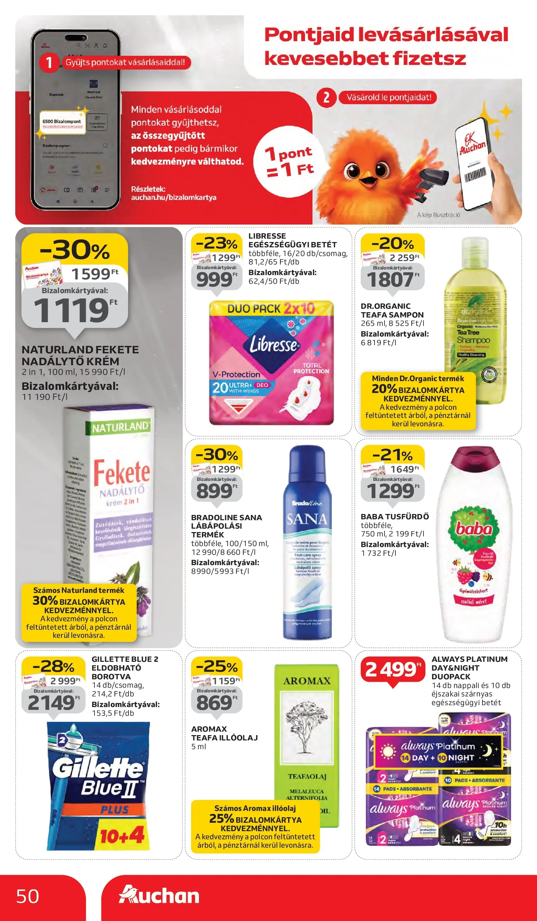 Auchan Akciós újság Szeged - 2025.10.02. -tól/töl > akció, lapozható szórólap 🛍️ | Oldal: 50 | Termékek: Teafaolaj, Sampon, Tea, Tusfürdő